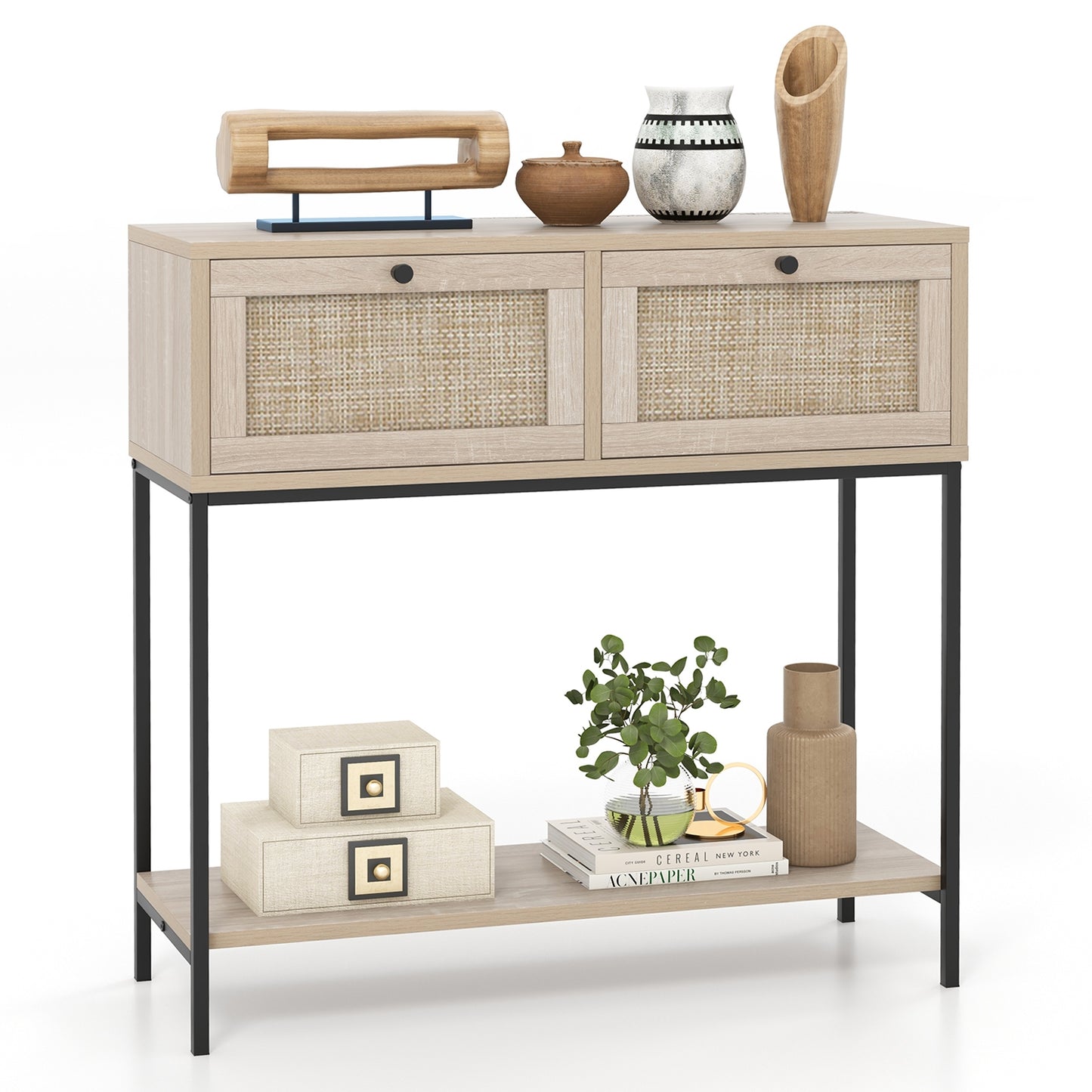 Boho Console Table with Rattan Drawers and Open Shelf for Entryway or Living Room