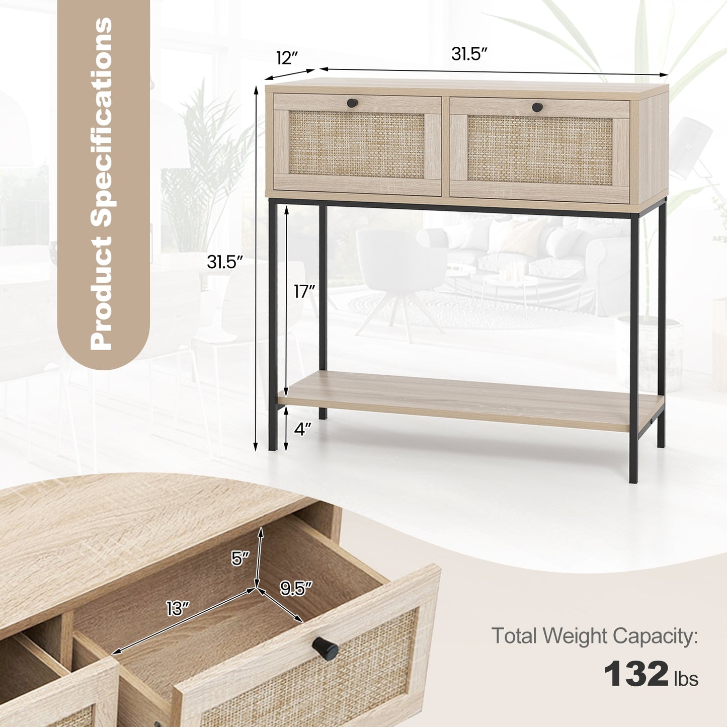 Boho Console Table with Rattan Drawers and Open Shelf for Entryway or Living Room