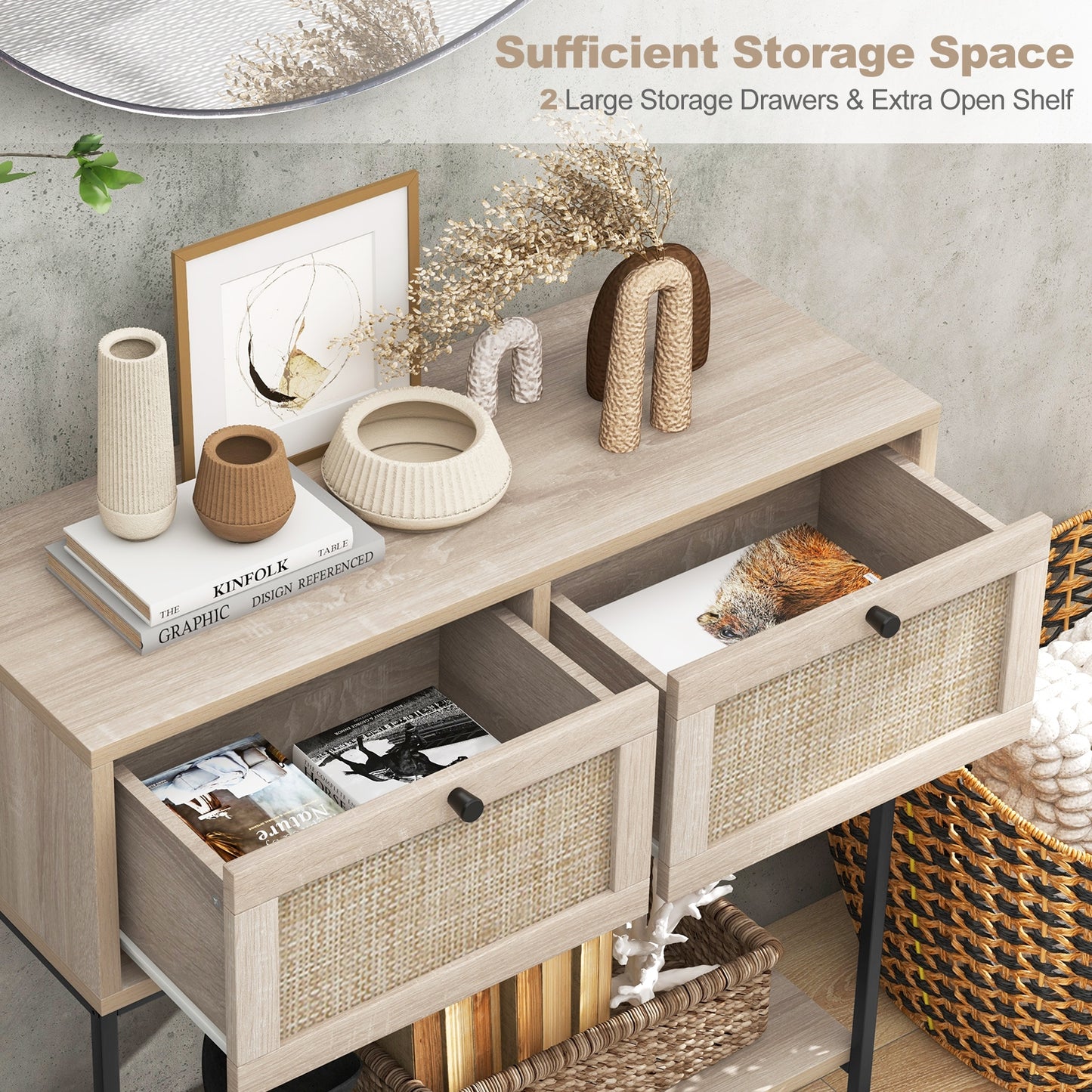 Boho Console Table with Rattan Drawers and Open Shelf for Entryway or Living Room