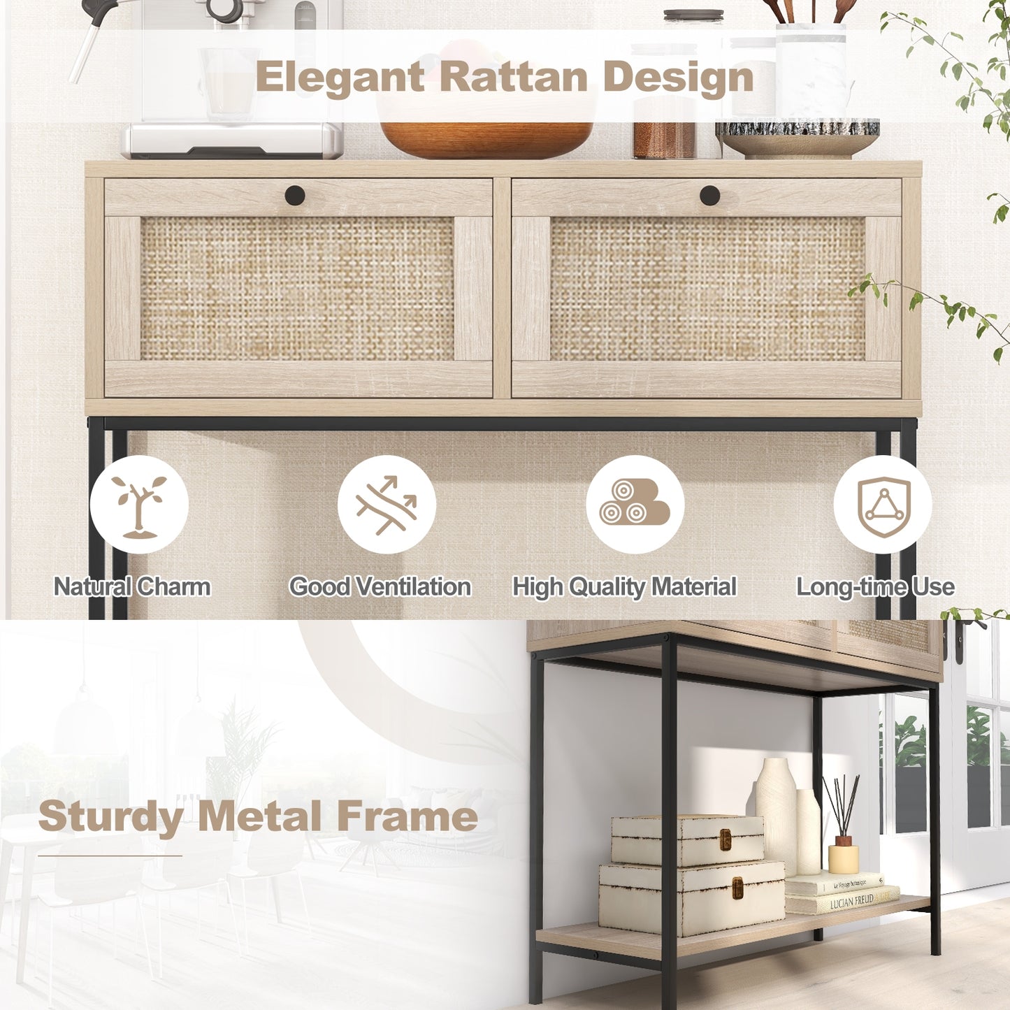 Boho Console Table with Rattan Drawers and Open Shelf for Entryway or Living Room