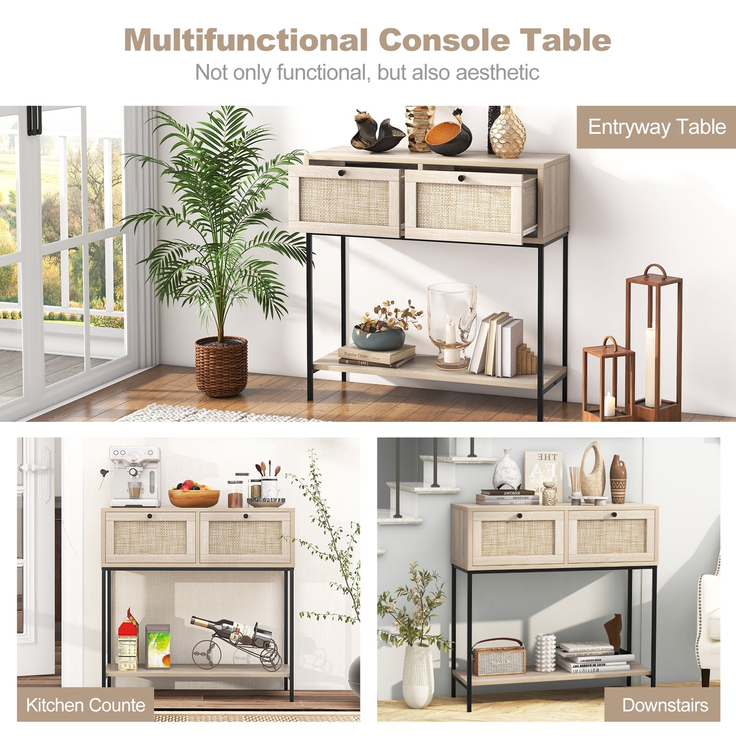 Boho Console Table with Rattan Drawers and Open Shelf for Entryway or Living Room