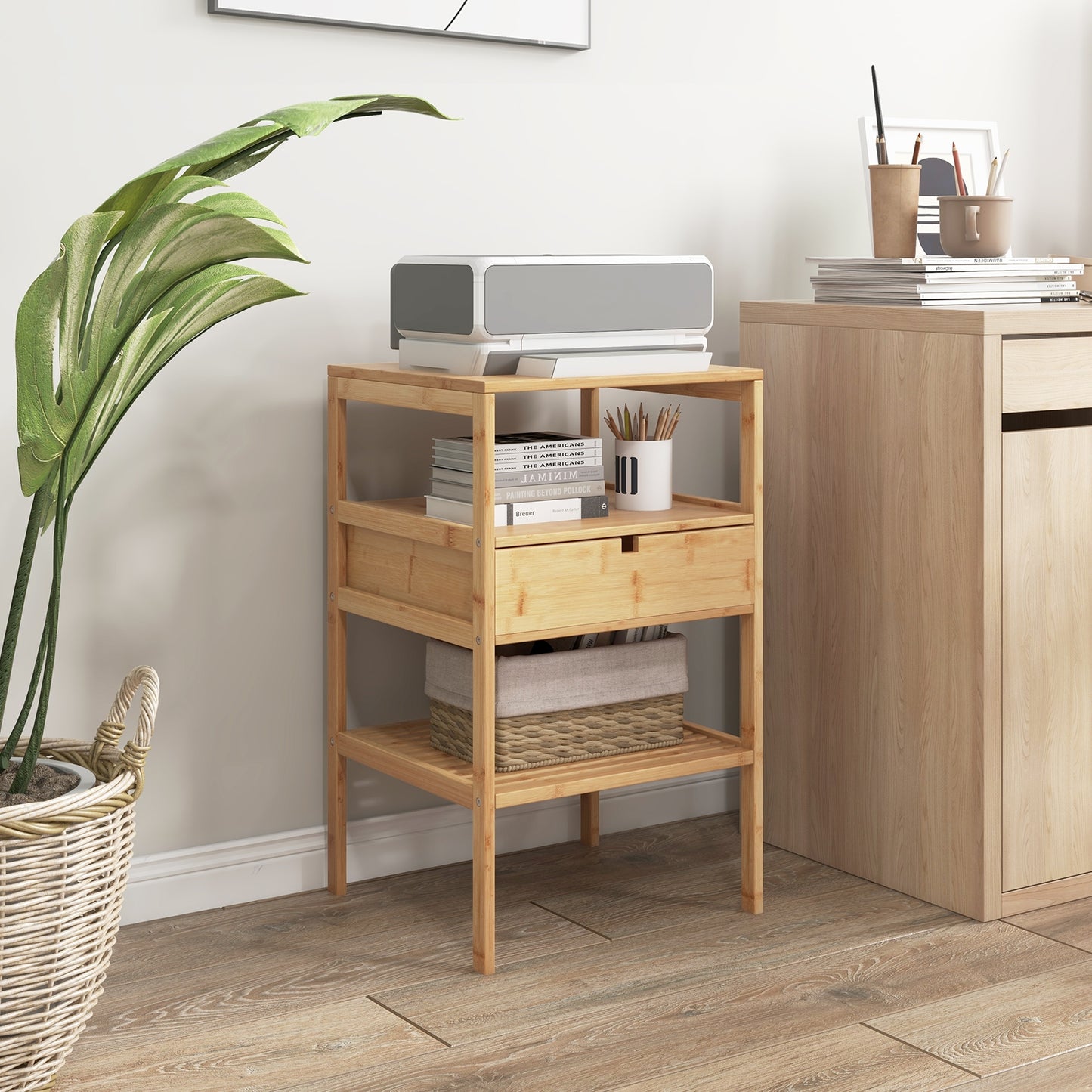 Bamboo Nightstand with Drawer and Two Shelves