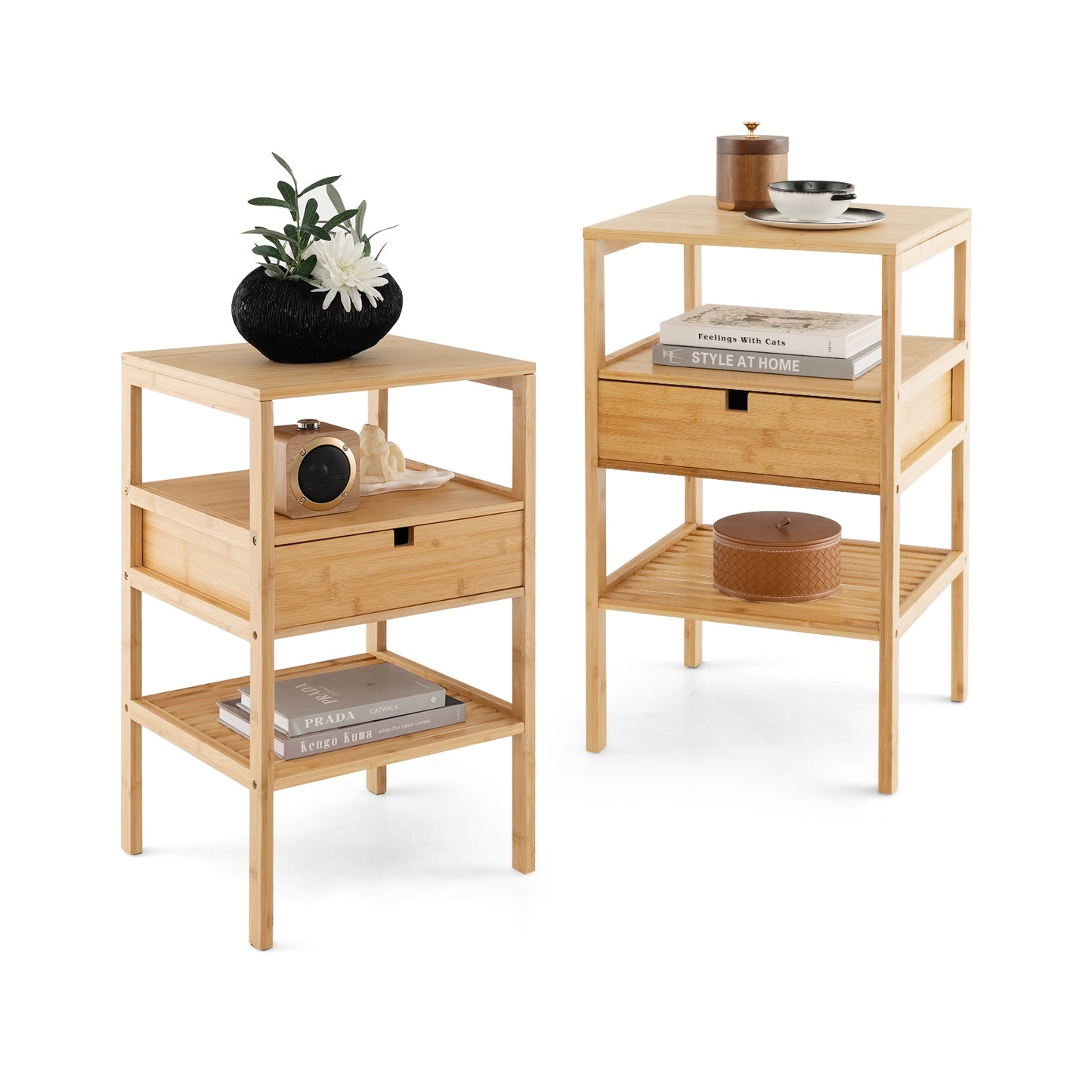 Bamboo Nightstand with Drawer and Two Shelves