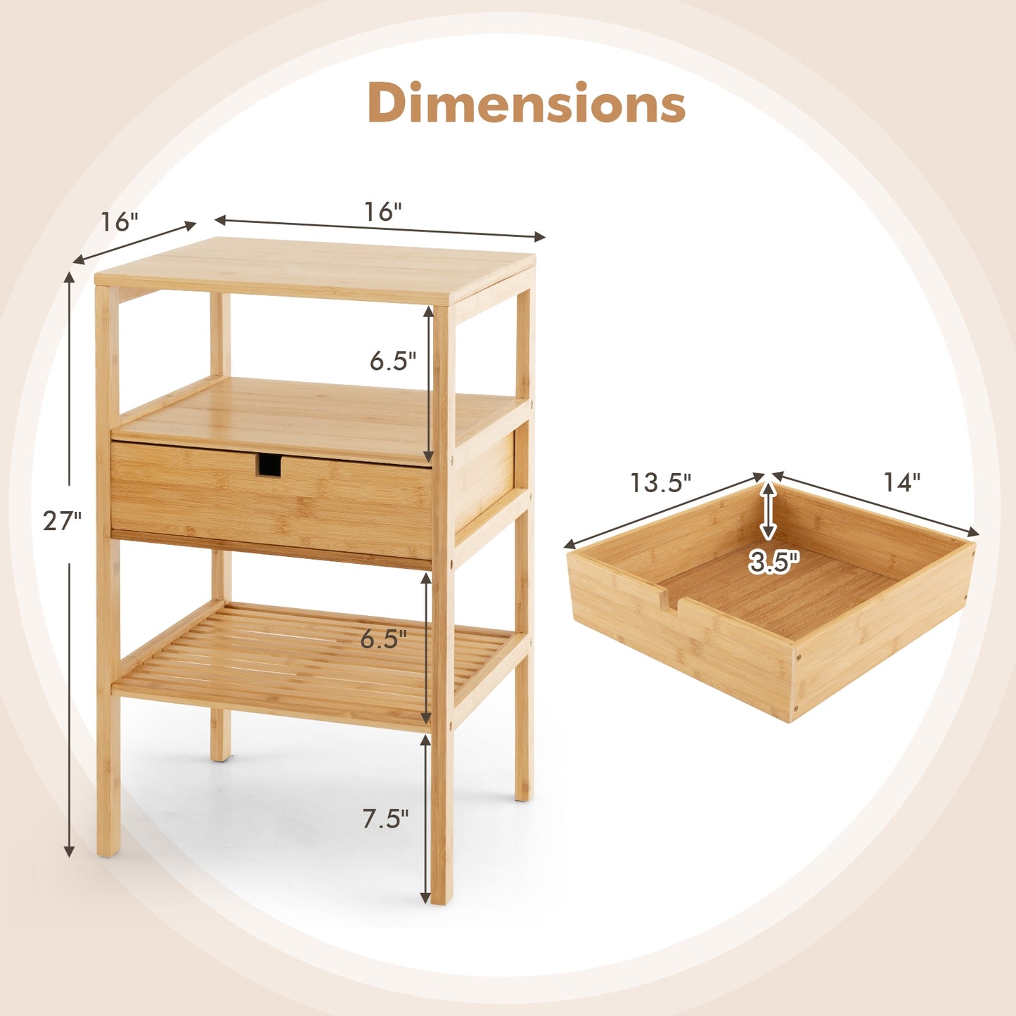 Bamboo Nightstand with Drawer and Two Shelves