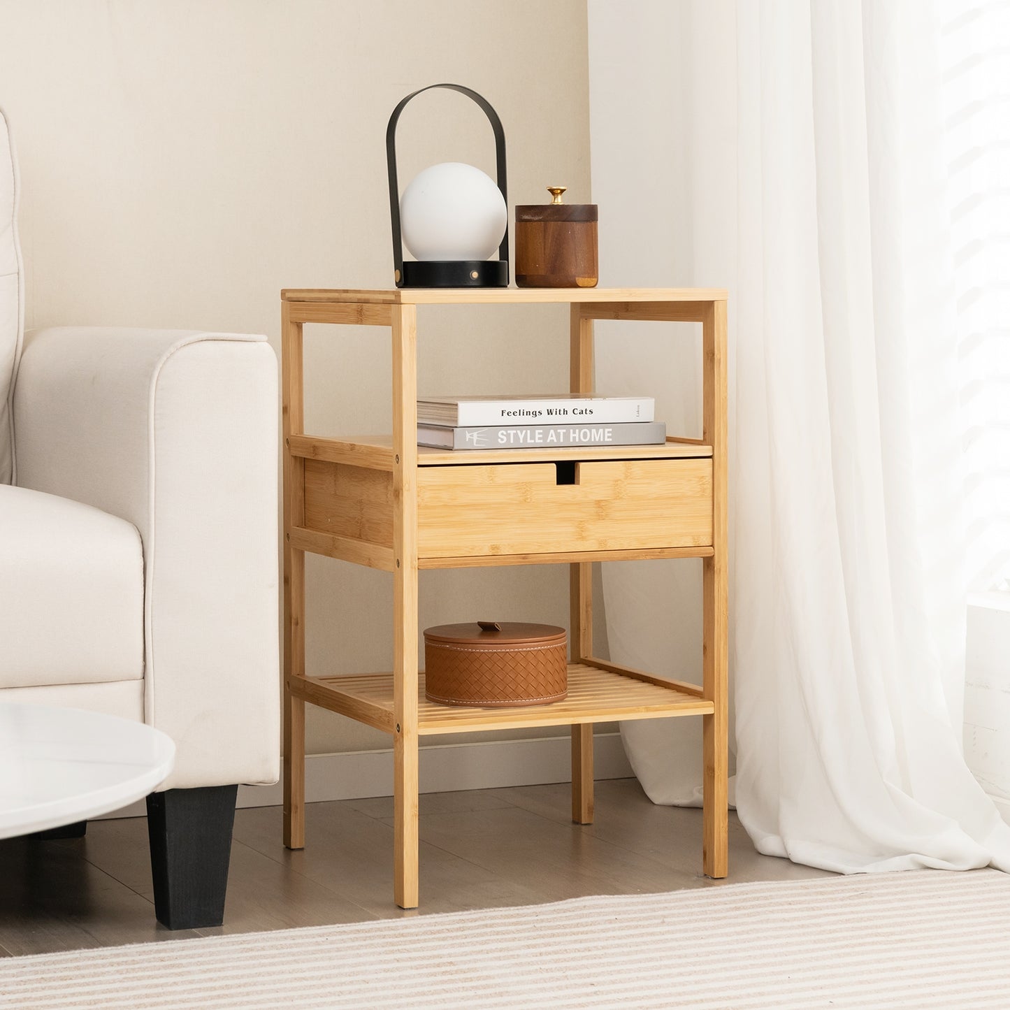 Bamboo Nightstand with Drawer and Two Shelves