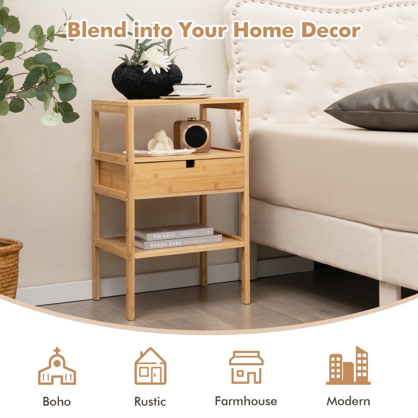 Bamboo Nightstand with Drawer and Two Shelves