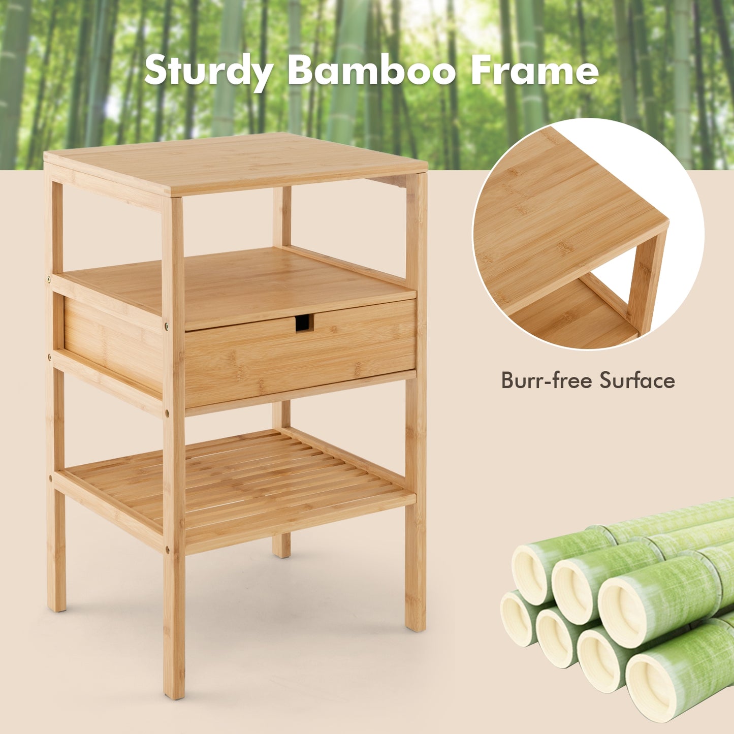 Bamboo Nightstand with Drawer and Two Shelves