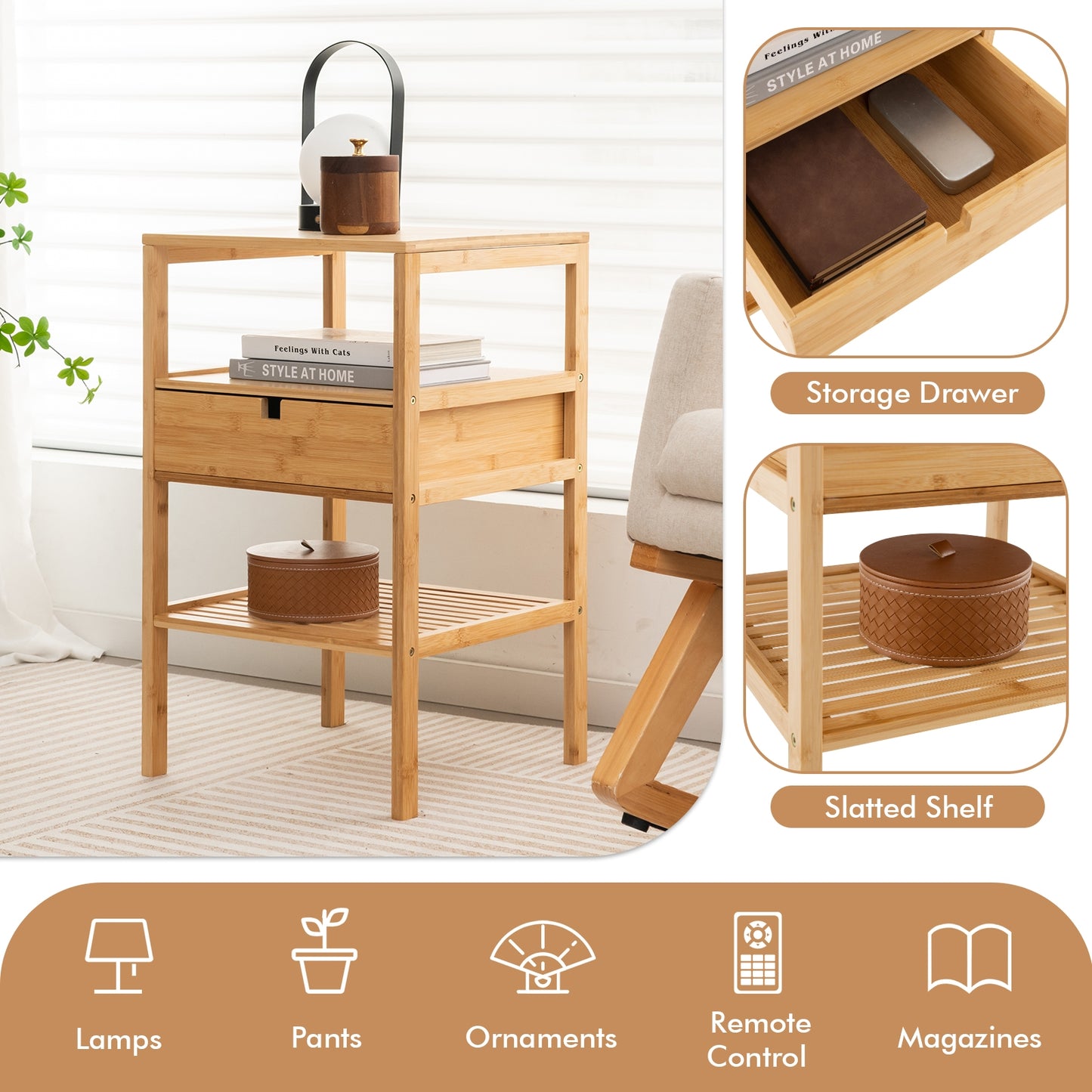 Bamboo Nightstand with Drawer and Two Shelves