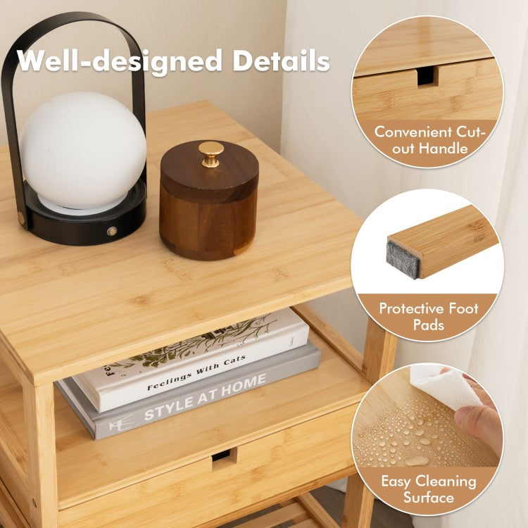 Bamboo Nightstand with Drawer and Two Shelves