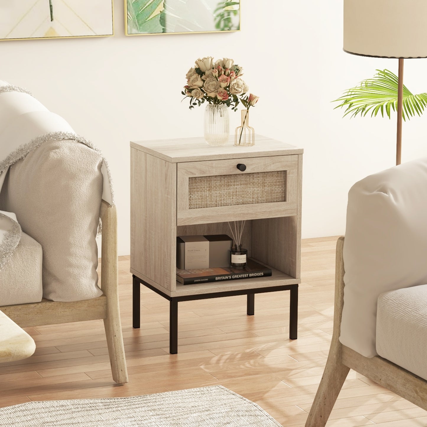 Boho Rattan Nightstand with Drawer and Open Shelf - Oak End Table