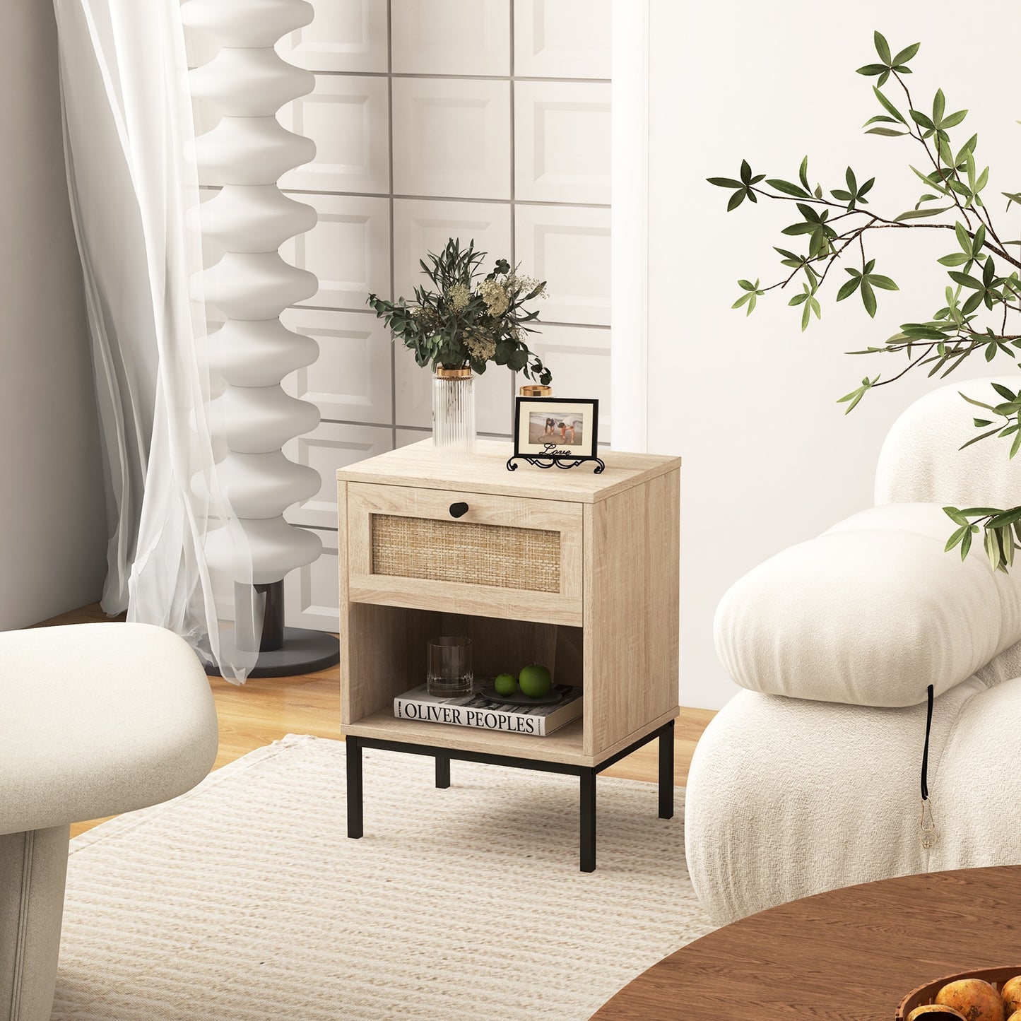 Boho Rattan Nightstand with Drawer and Open Shelf - Oak End Table