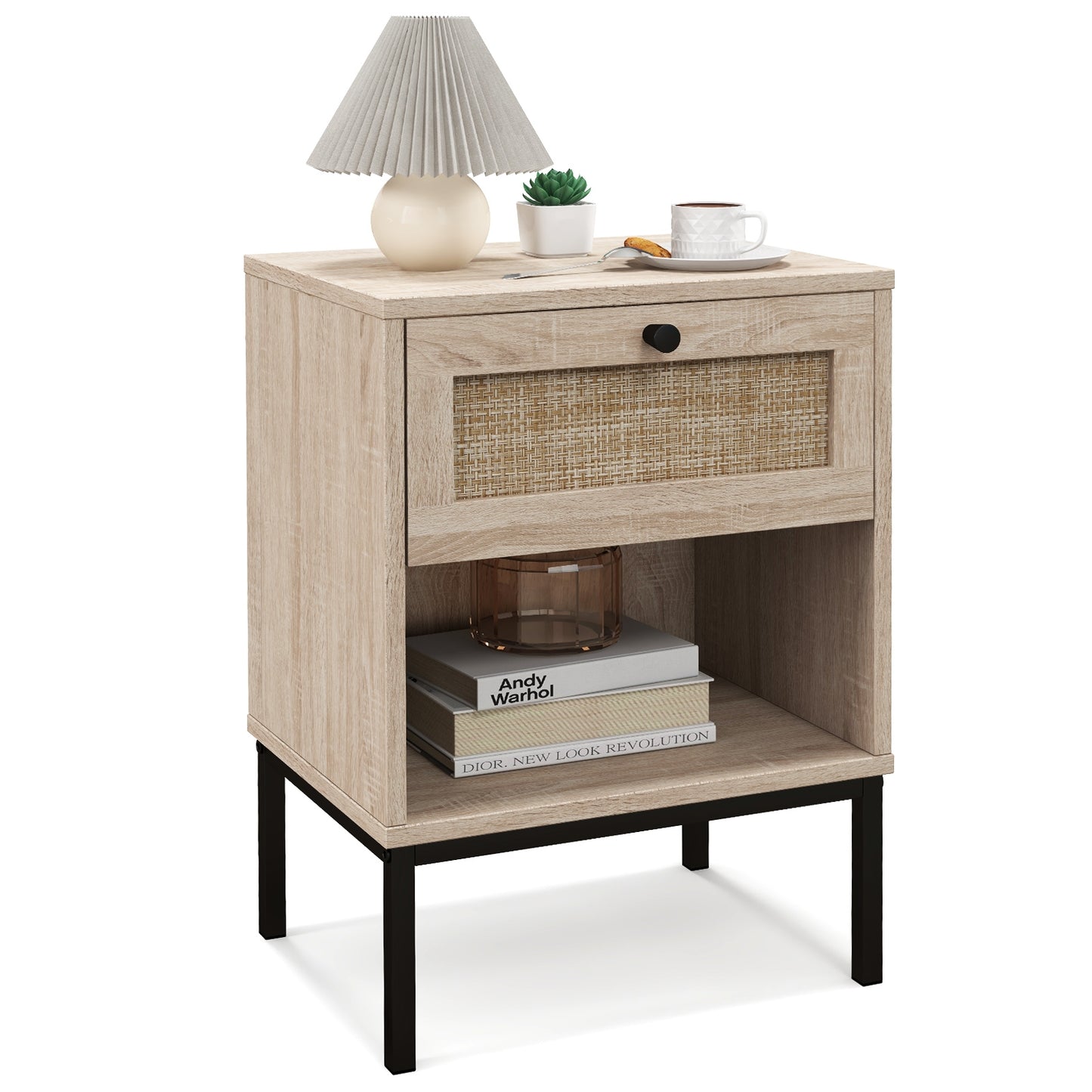 Boho Rattan Nightstand with Drawer and Open Shelf - Oak End Table
