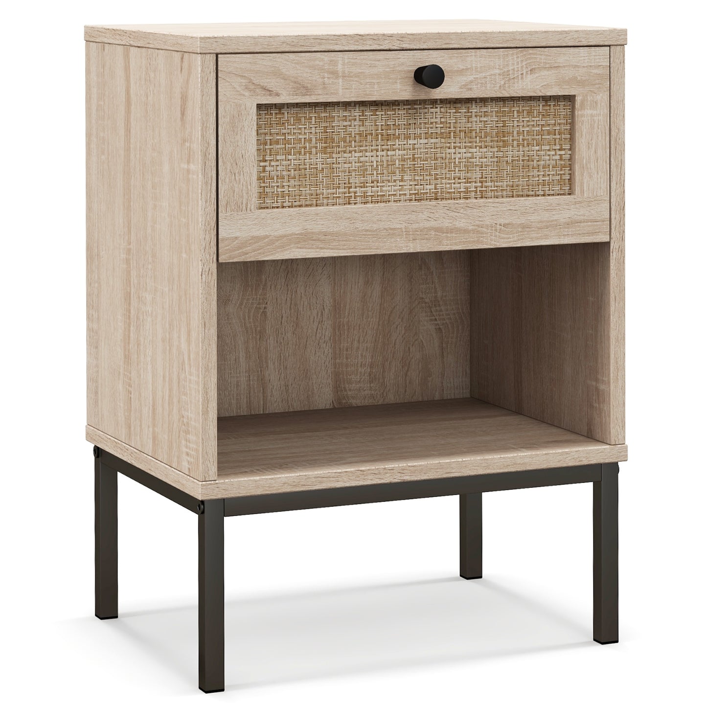 Boho Rattan Nightstand with Drawer and Open Shelf - Oak End Table