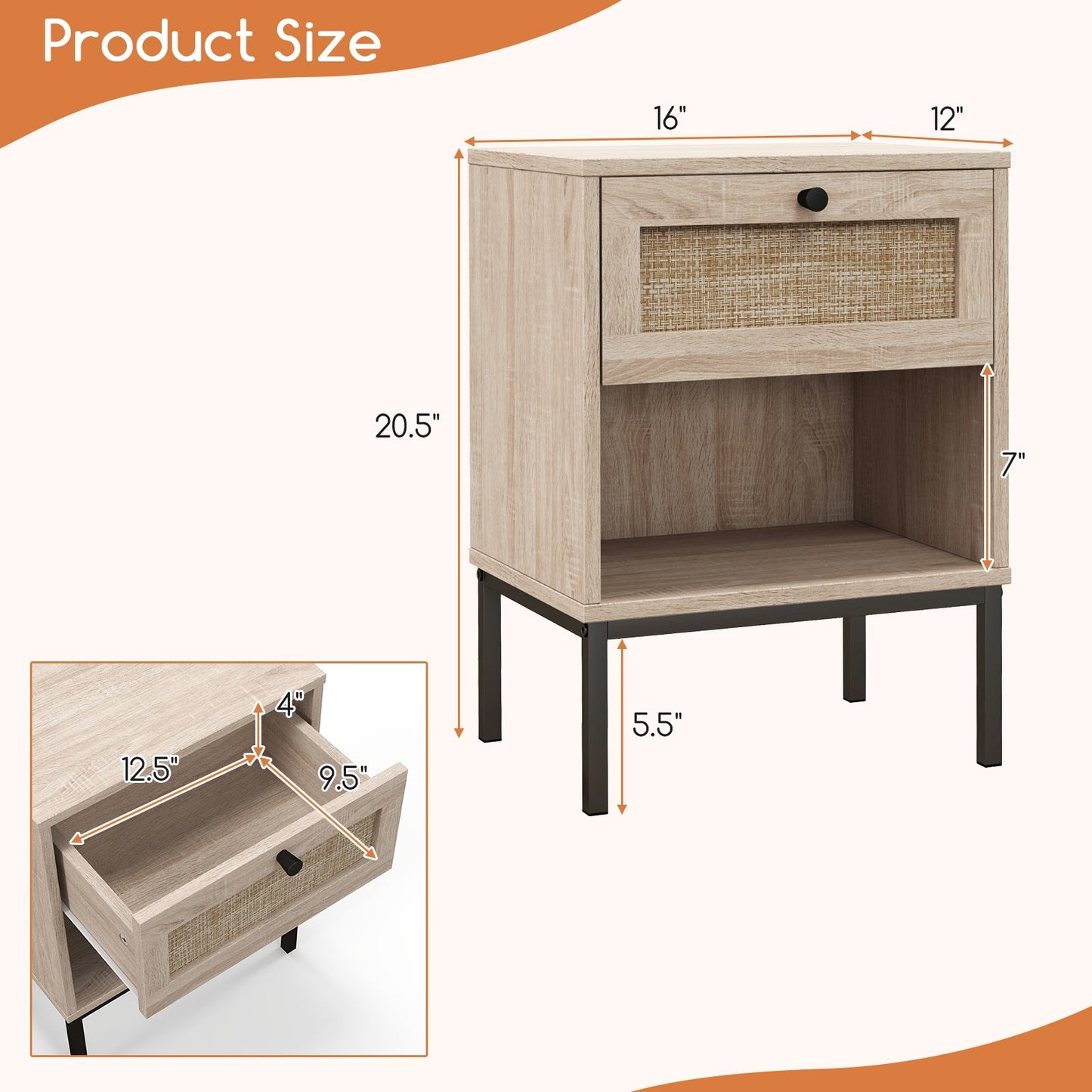Boho Rattan Nightstand with Drawer and Open Shelf - Oak End Table