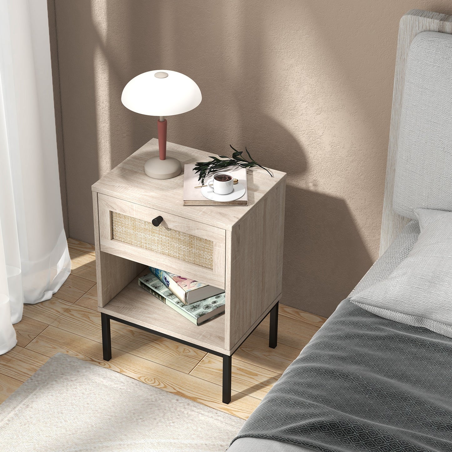 Boho Rattan Nightstand with Drawer and Open Shelf - Oak End Table