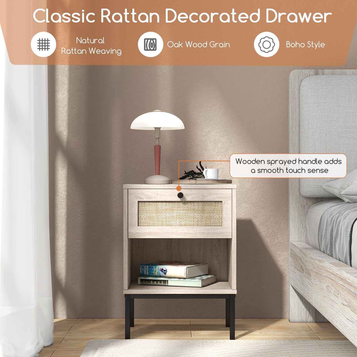 Boho Rattan Nightstand with Drawer and Open Shelf - Oak End Table