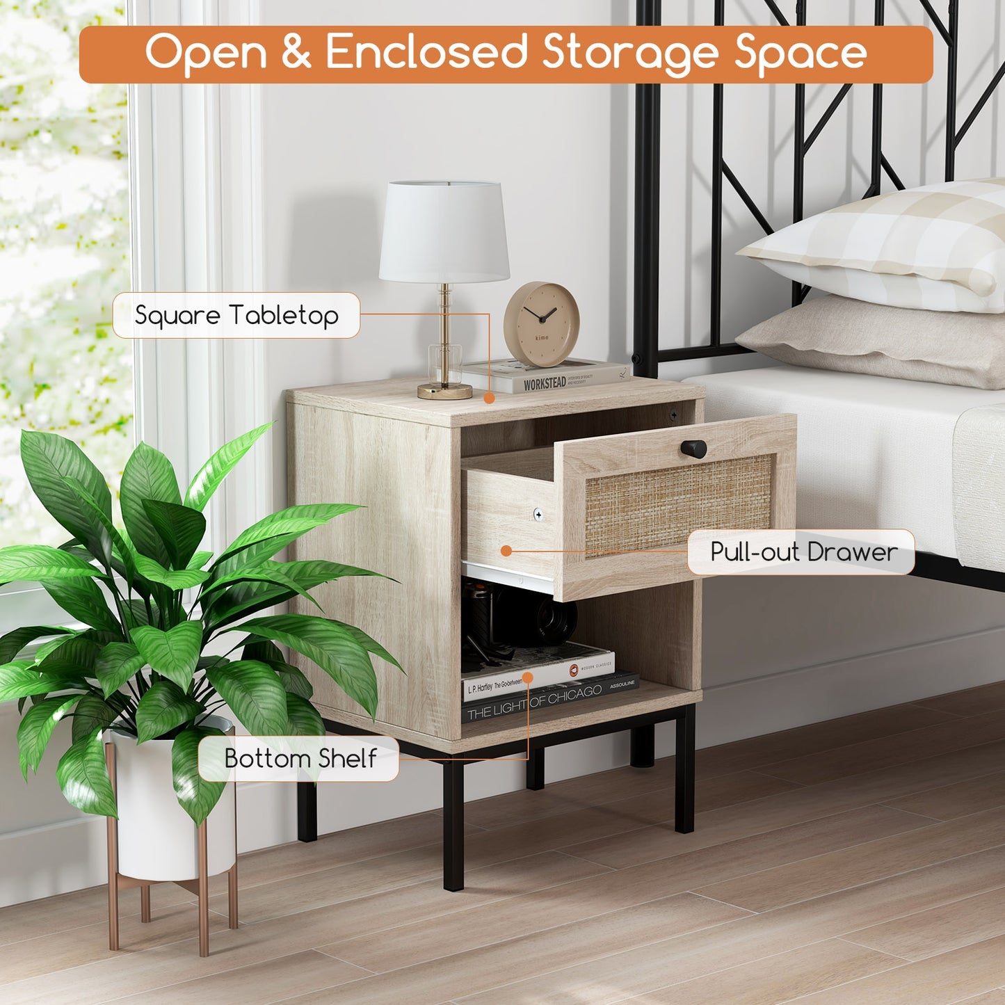 Boho Rattan Nightstand with Drawer and Open Shelf - Oak End Table