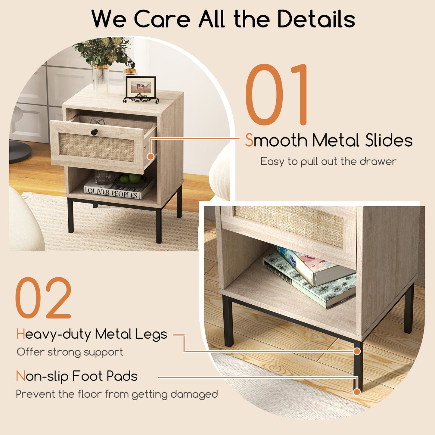 Boho Rattan Nightstand with Drawer and Open Shelf - Oak End Table