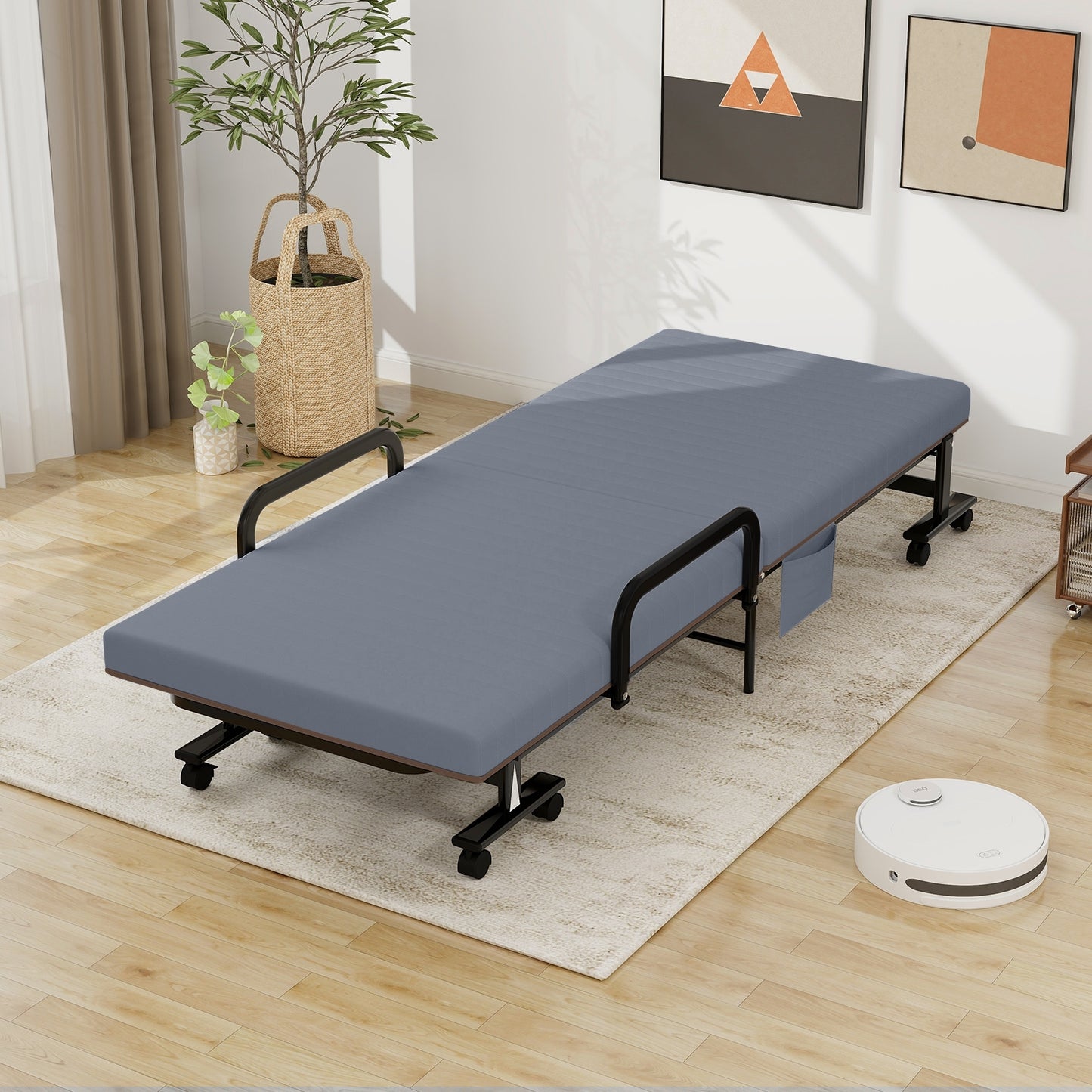 Portable Folding Adjustable Guest Bed with Lounge Function and Wheels - Grey