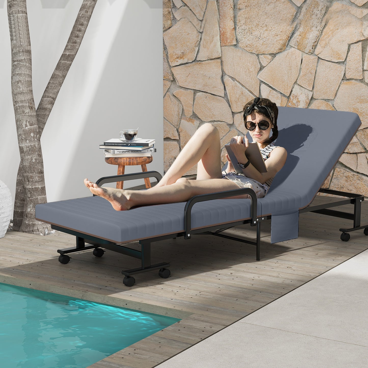 Portable Folding Adjustable Guest Bed with Lounge Function and Wheels - Grey