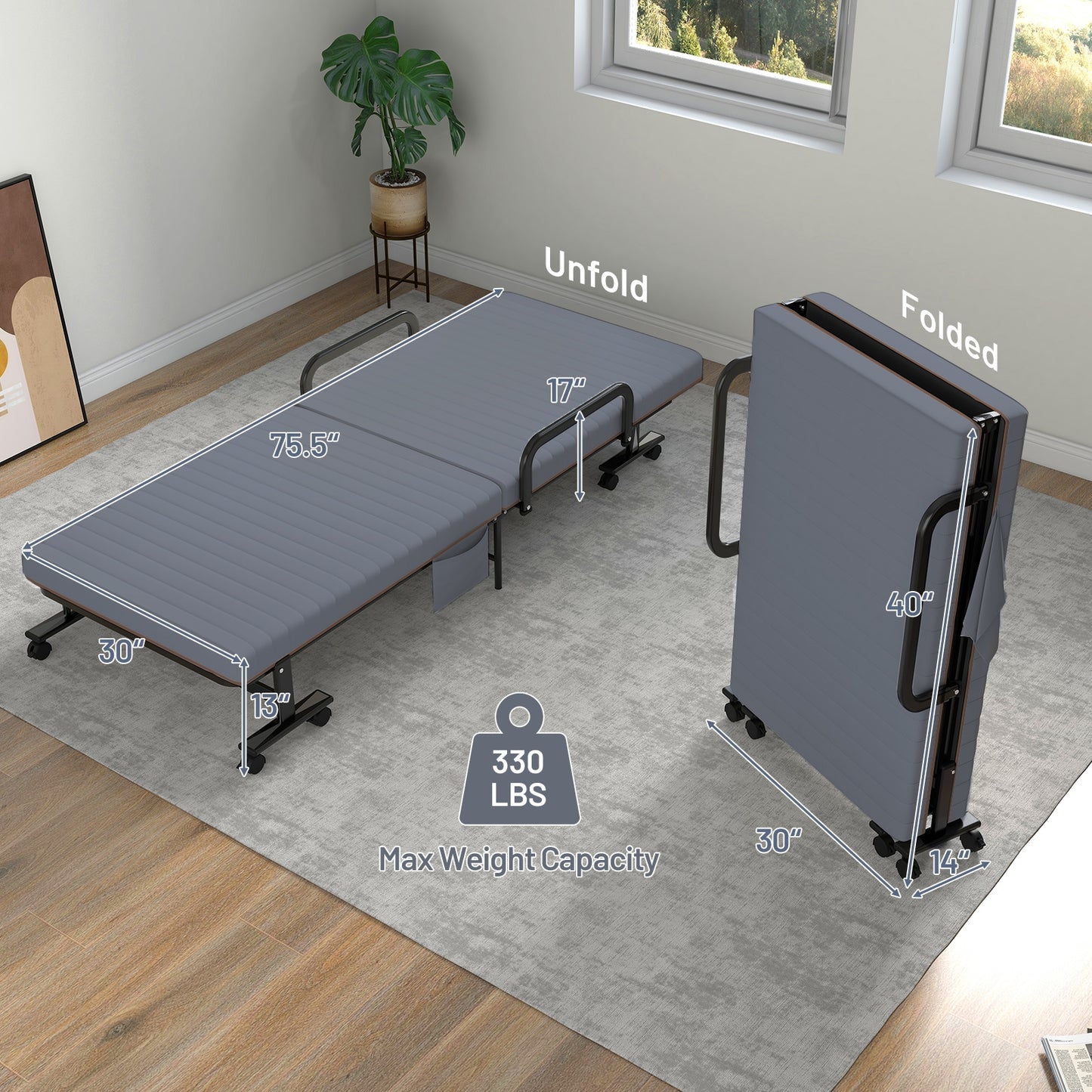 Portable Folding Adjustable Guest Bed with Lounge Function and Wheels - Grey