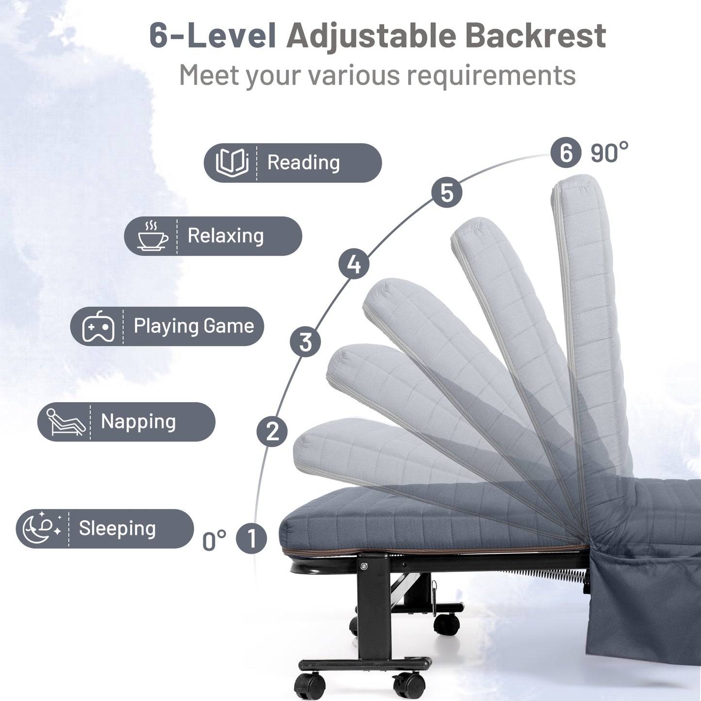 Portable Folding Adjustable Guest Bed with Lounge Function and Wheels - Grey