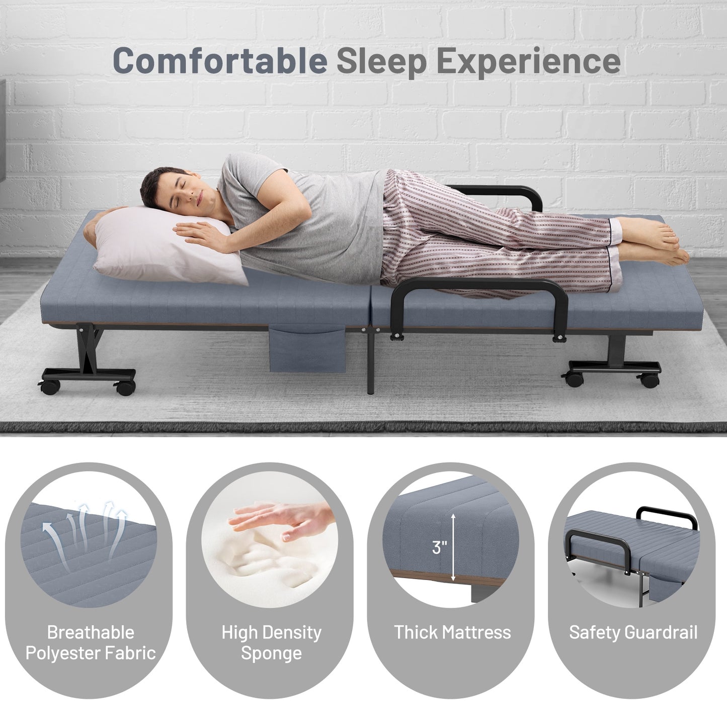 Portable Folding Adjustable Guest Bed with Lounge Function and Wheels - Grey