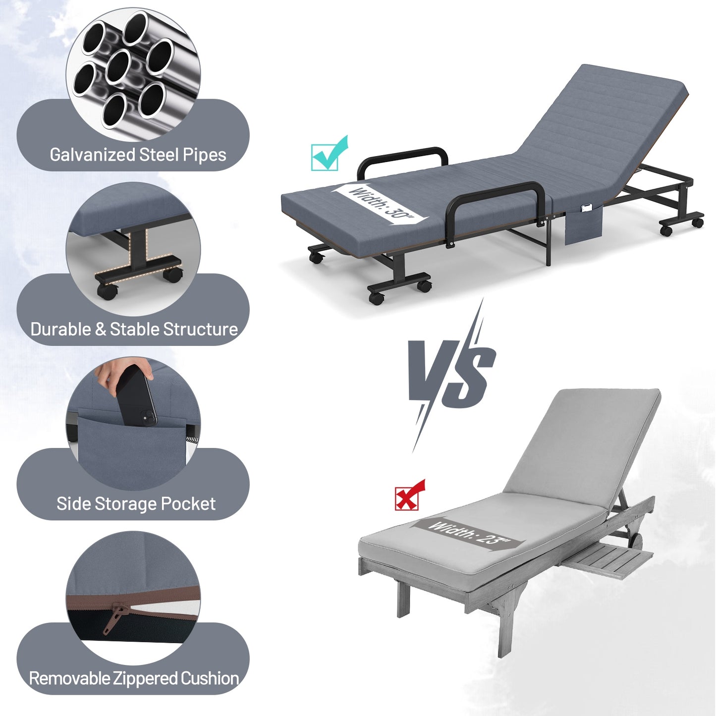 Portable Folding Adjustable Guest Bed with Lounge Function and Wheels - Grey