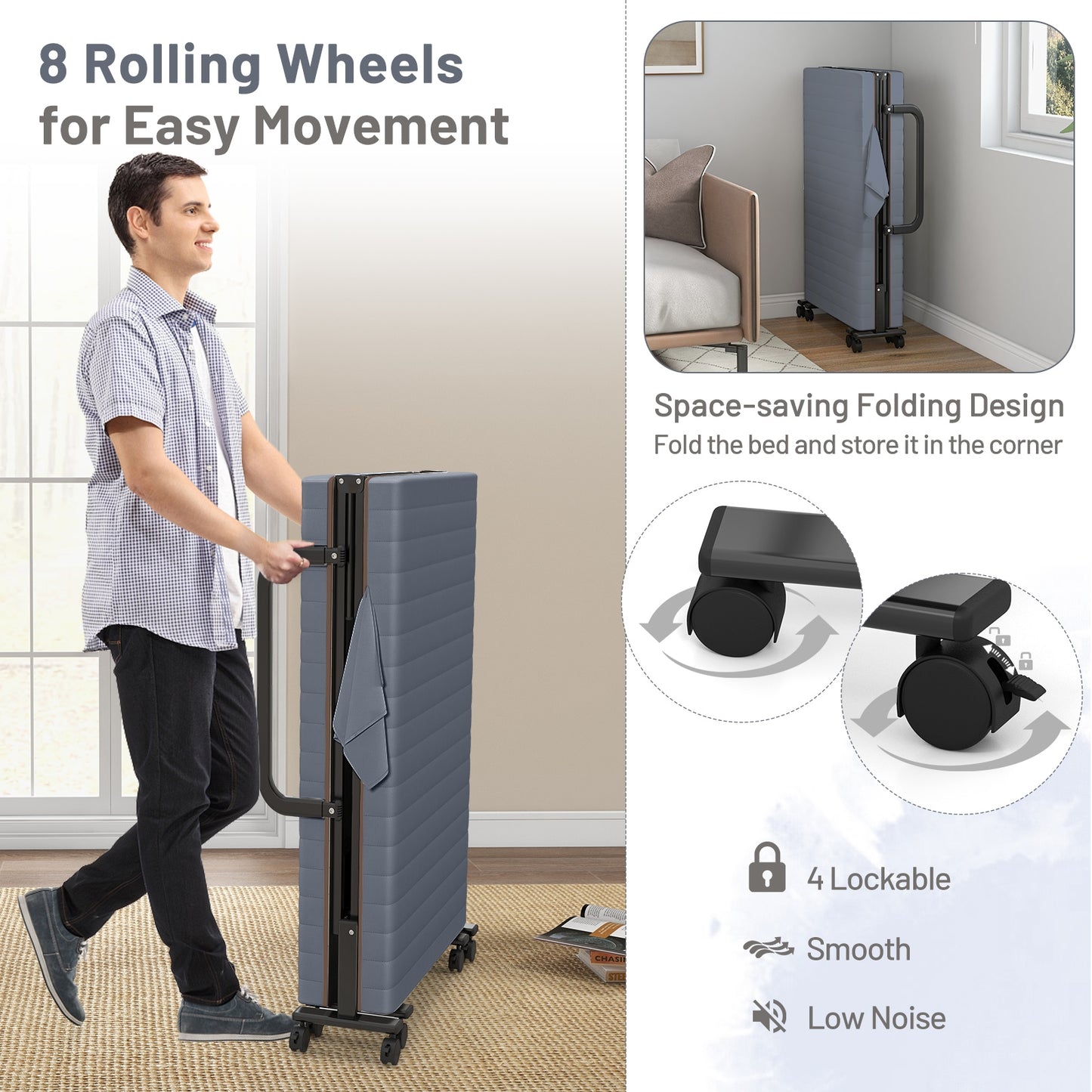 Portable Folding Adjustable Guest Bed with Lounge Function and Wheels - Grey