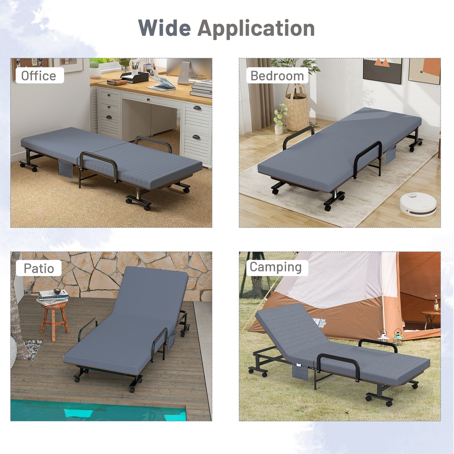 Portable Folding Adjustable Guest Bed with Lounge Function and Wheels - Grey