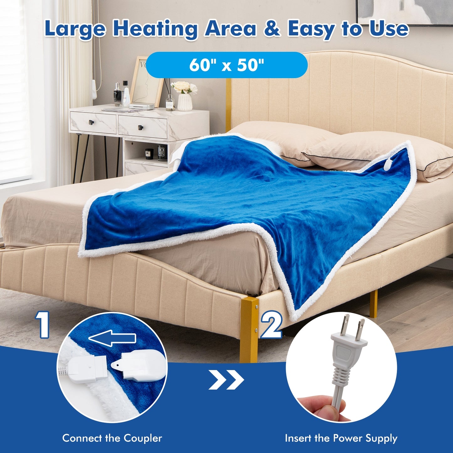 Reversible Electric Heated Blanket Throw with Flannel and Sherpa Fleece - Blue
