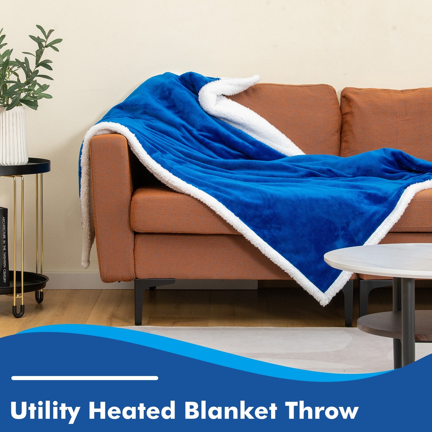 Reversible Electric Heated Blanket Throw with Flannel and Sherpa Fleece - Blue