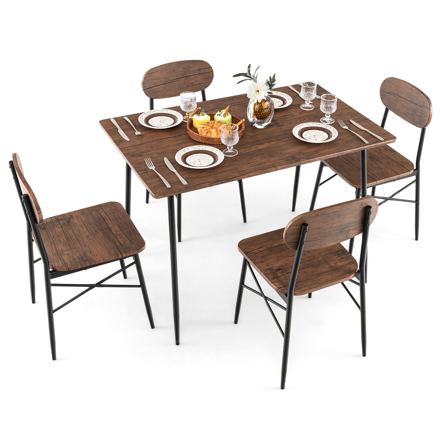 5 Piece Rectangular Dining Set with Chairs and Metal Legs for Kitchen or Breakfast Nook