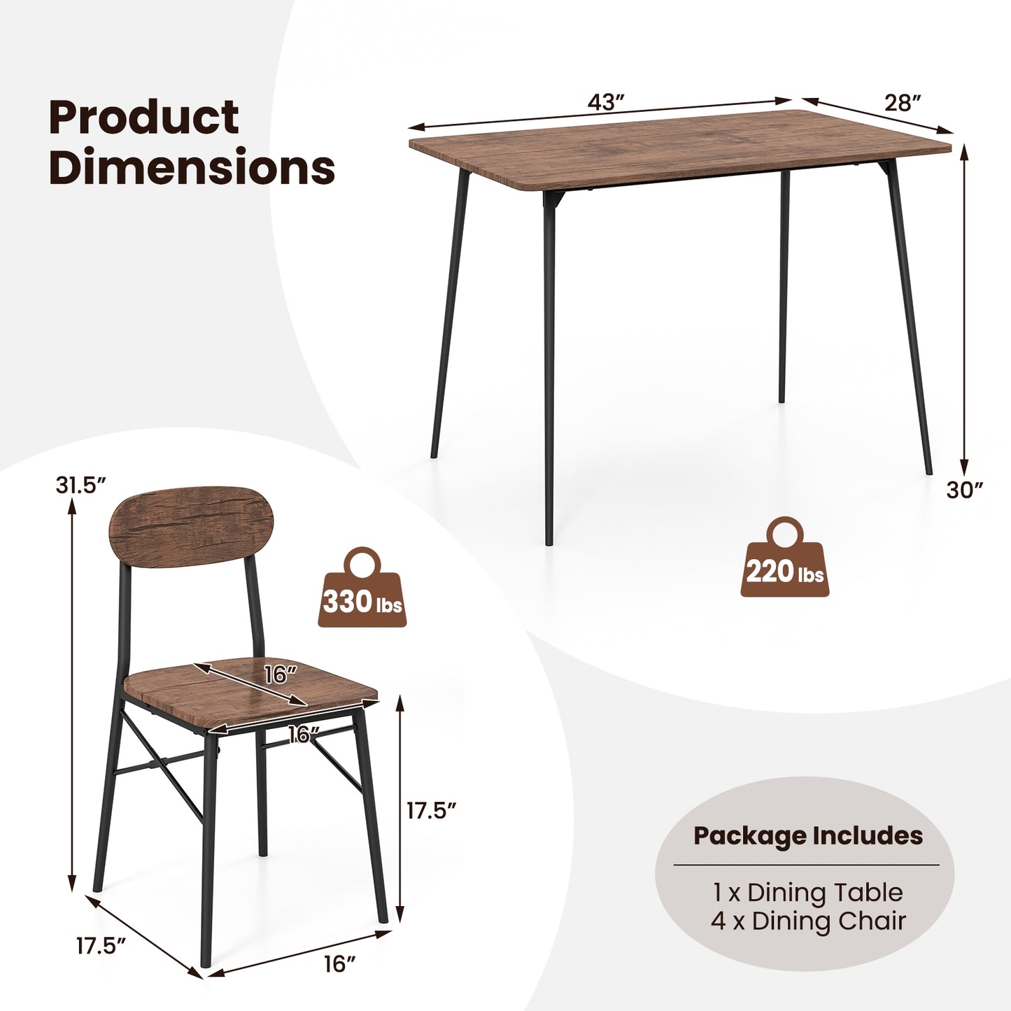 5 Piece Rectangular Dining Set with Chairs and Metal Legs for Kitchen or Breakfast Nook