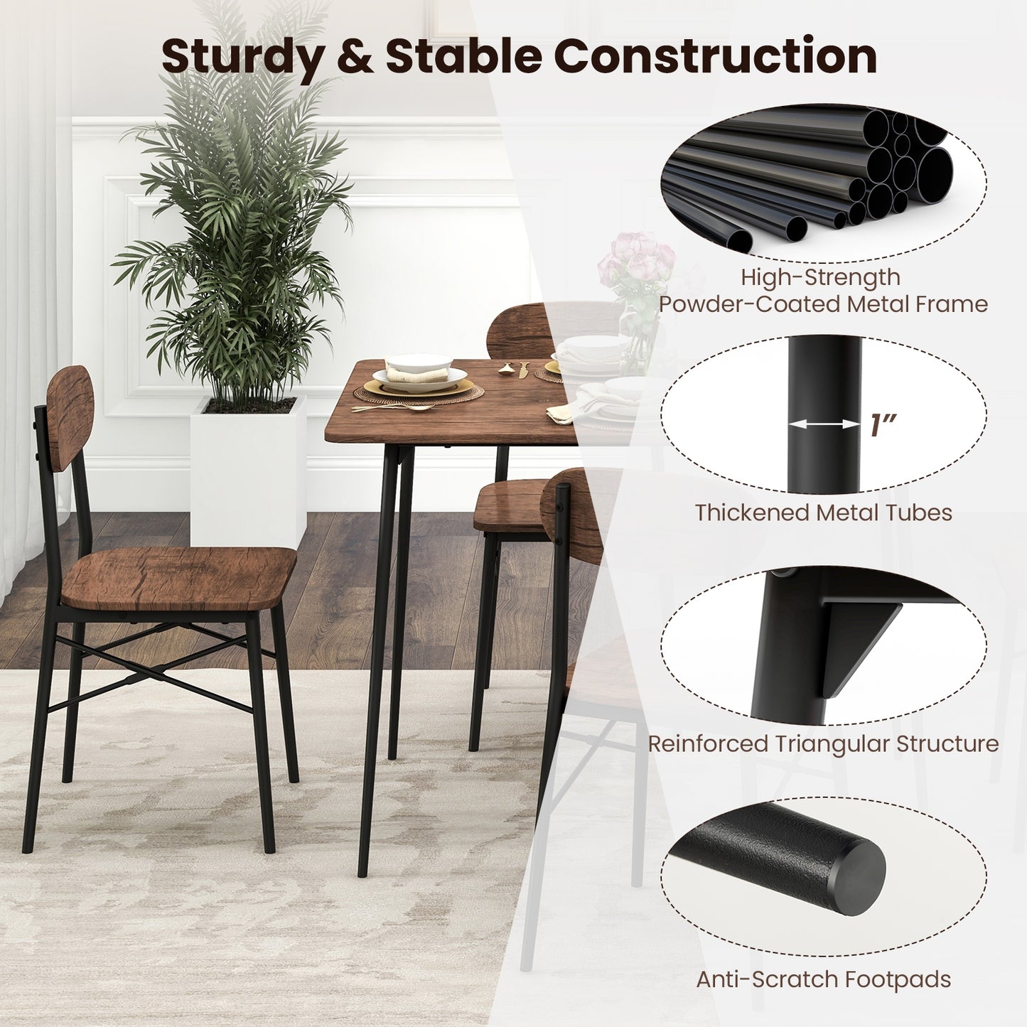 5 Piece Rectangular Dining Set with Chairs and Metal Legs for Kitchen or Breakfast Nook