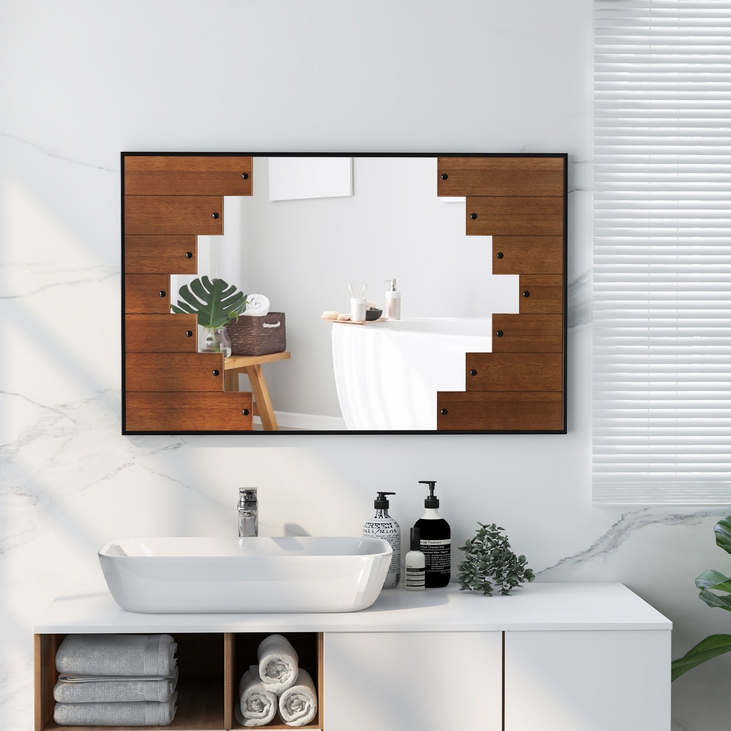 Farmhouse Inspired Decorative Rectangle Wall Mirror with Piano Key Frame – 37.5 x 23.5 Inch