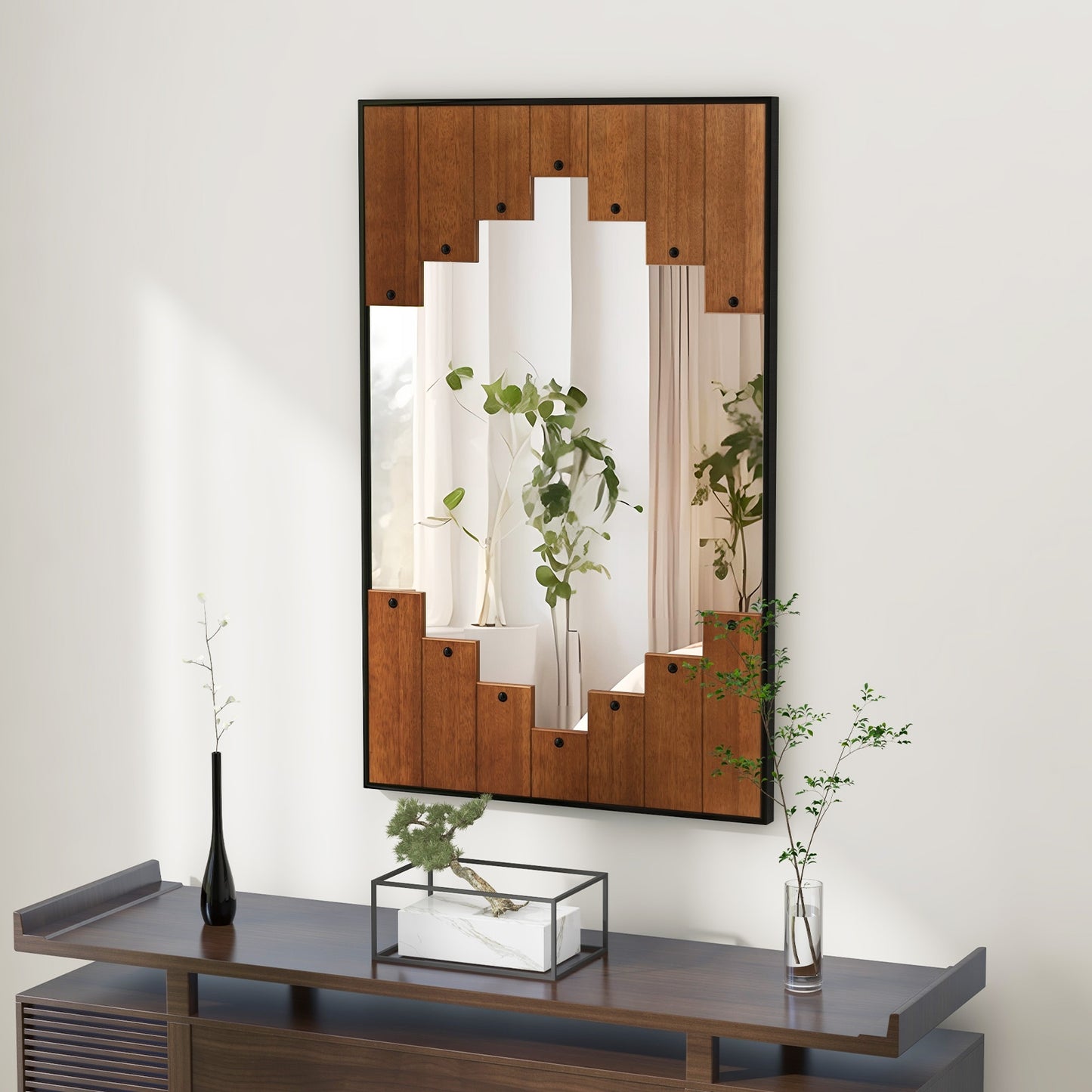 Farmhouse Inspired Decorative Rectangle Wall Mirror with Piano Key Frame – 37.5 x 23.5 Inch