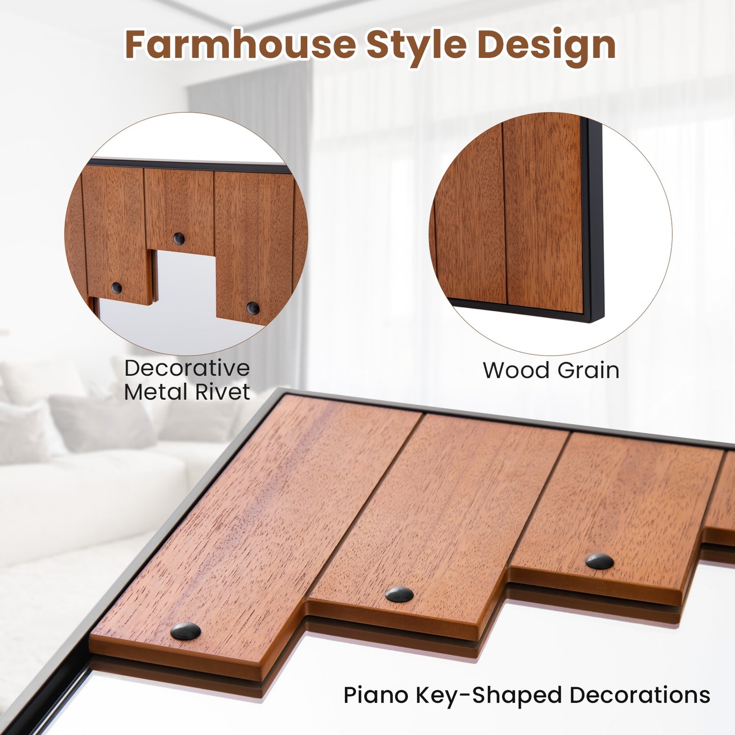 Farmhouse Inspired Decorative Rectangle Wall Mirror with Piano Key Frame – 37.5 x 23.5 Inch