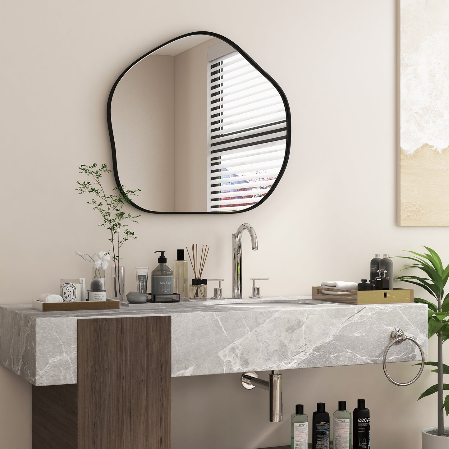 Modern Irregular-Shaped Wall Mirror with Metal Frame & Easy Installation Hooks