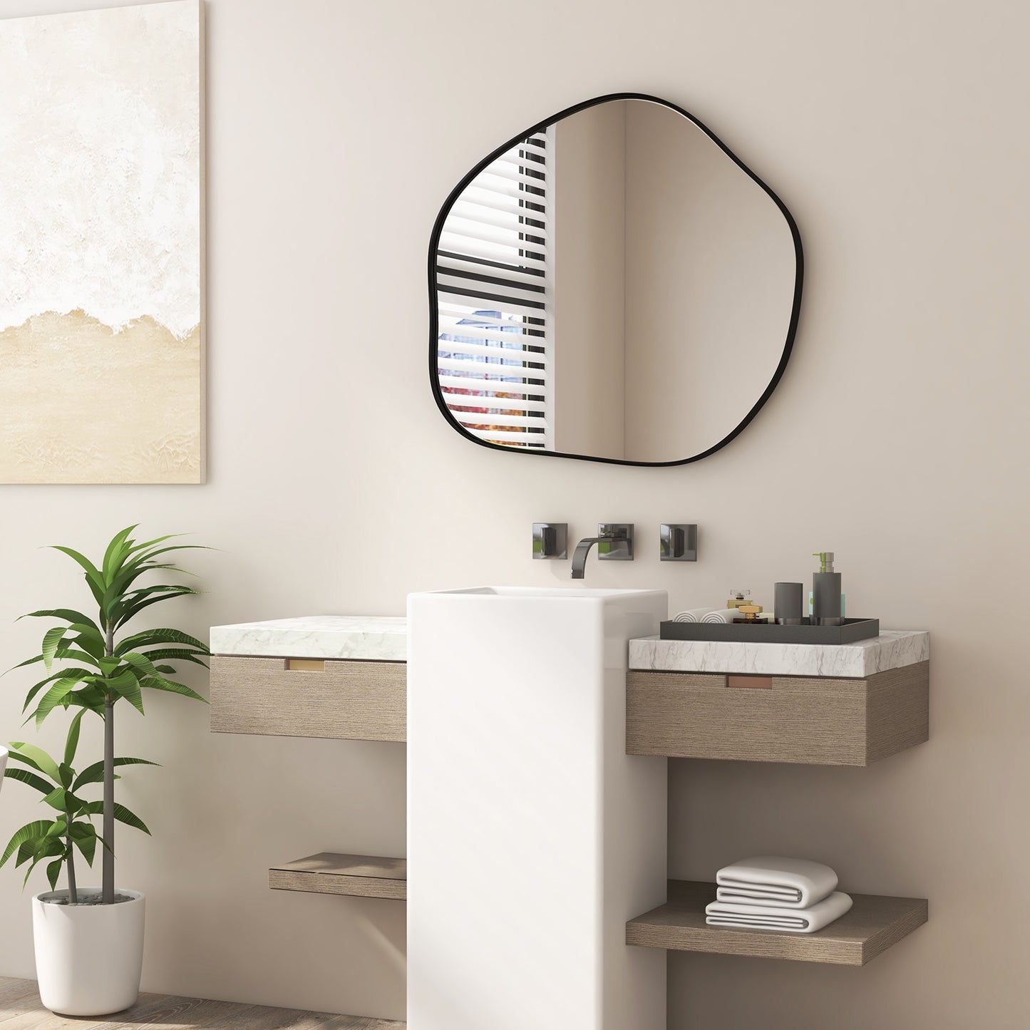 Modern Irregular-Shaped Wall Mirror with Metal Frame & Easy Installation Hooks