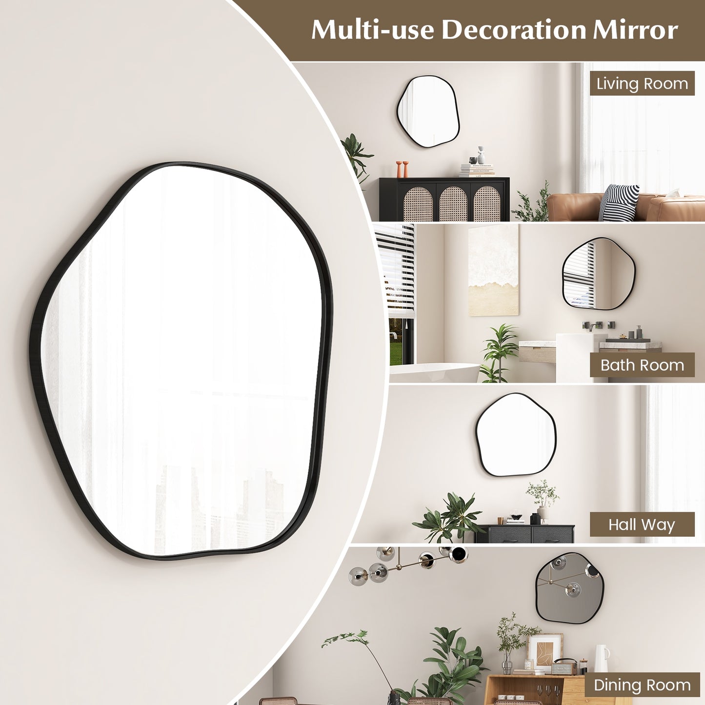Modern Irregular-Shaped Wall Mirror with Metal Frame & Easy Installation Hooks