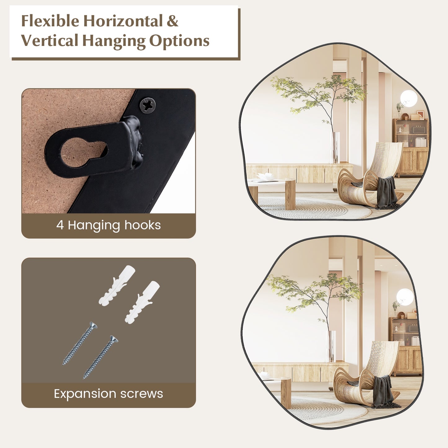 Modern Irregular-Shaped Wall Mirror with Metal Frame & Easy Installation Hooks