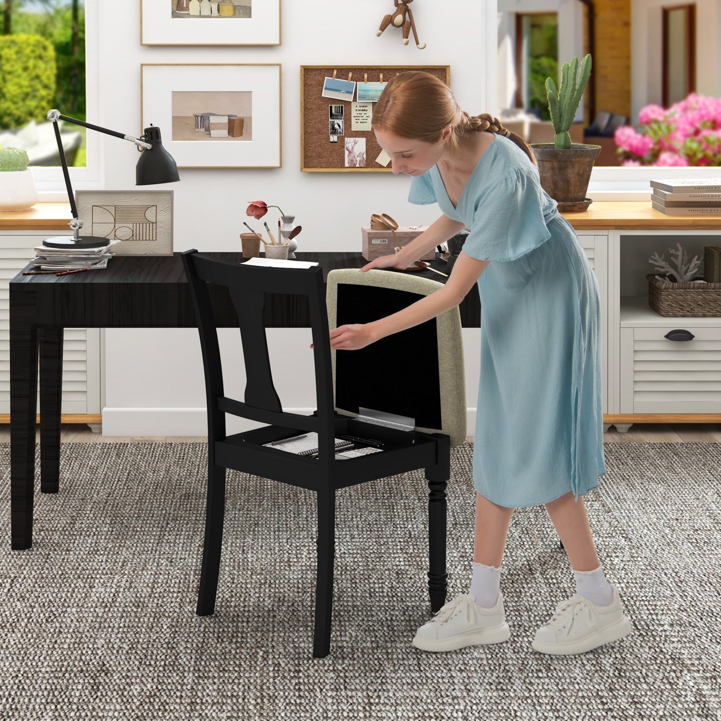Linen Fabric Dining Chair with Hidden Storage and Comfortable Design - Black
