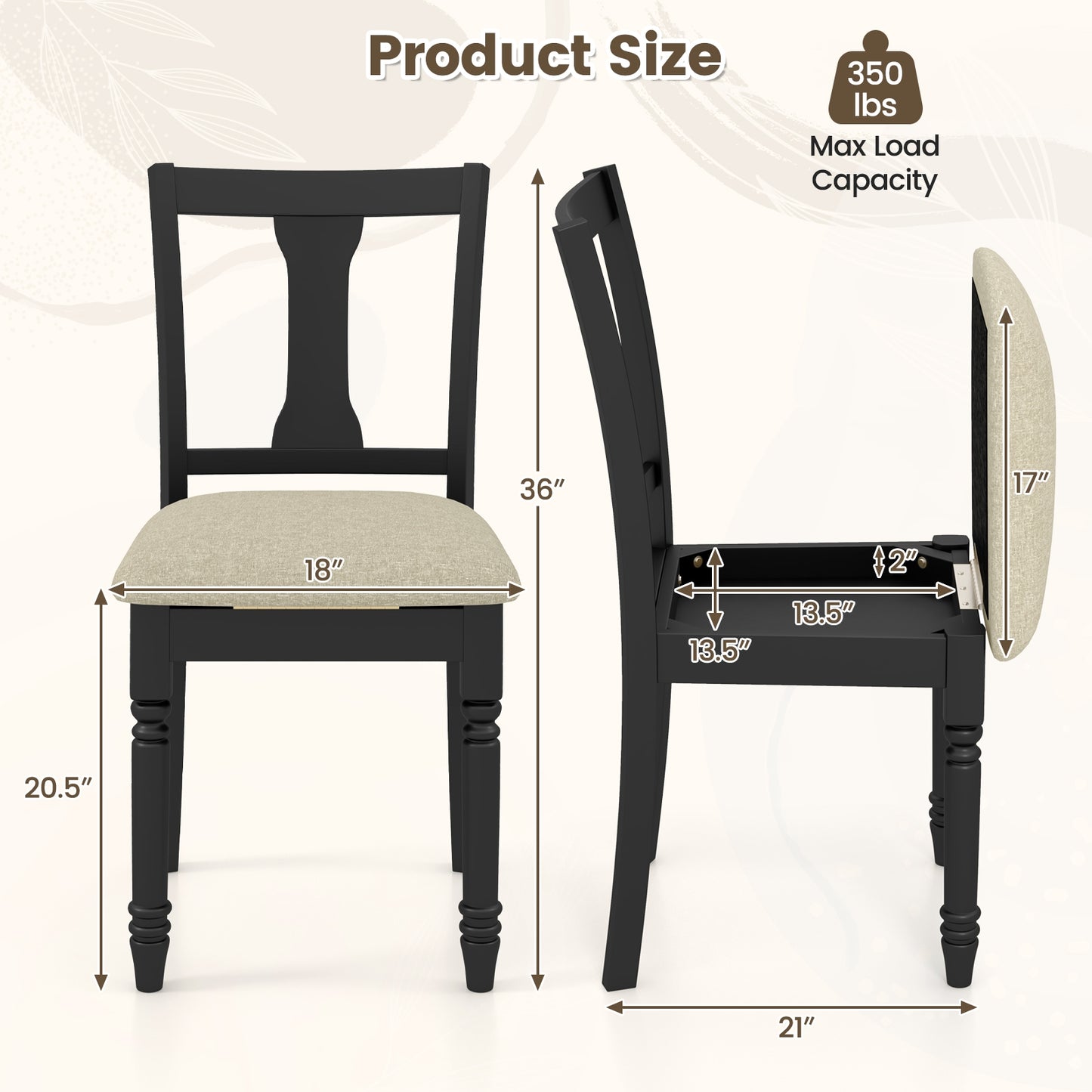 Linen Fabric Dining Chair with Hidden Storage and Comfortable Design - Black