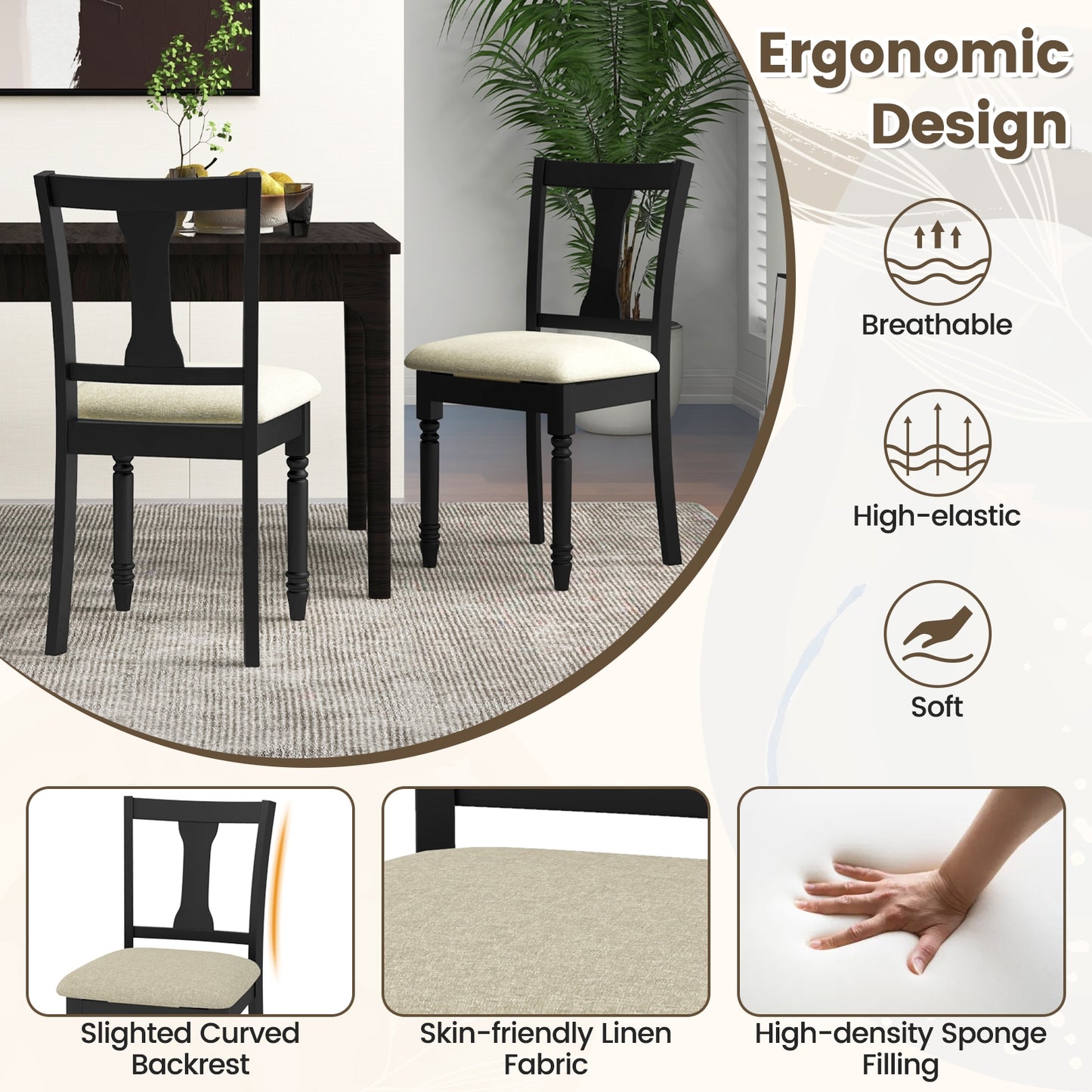 Linen Fabric Dining Chair with Hidden Storage and Comfortable Design - Black