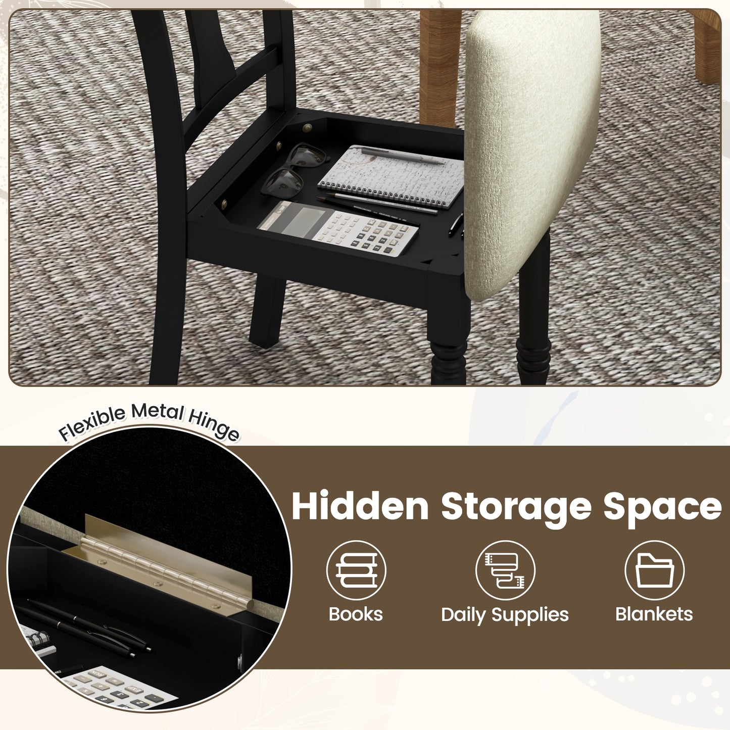 Linen Fabric Dining Chair with Hidden Storage and Comfortable Design - Black