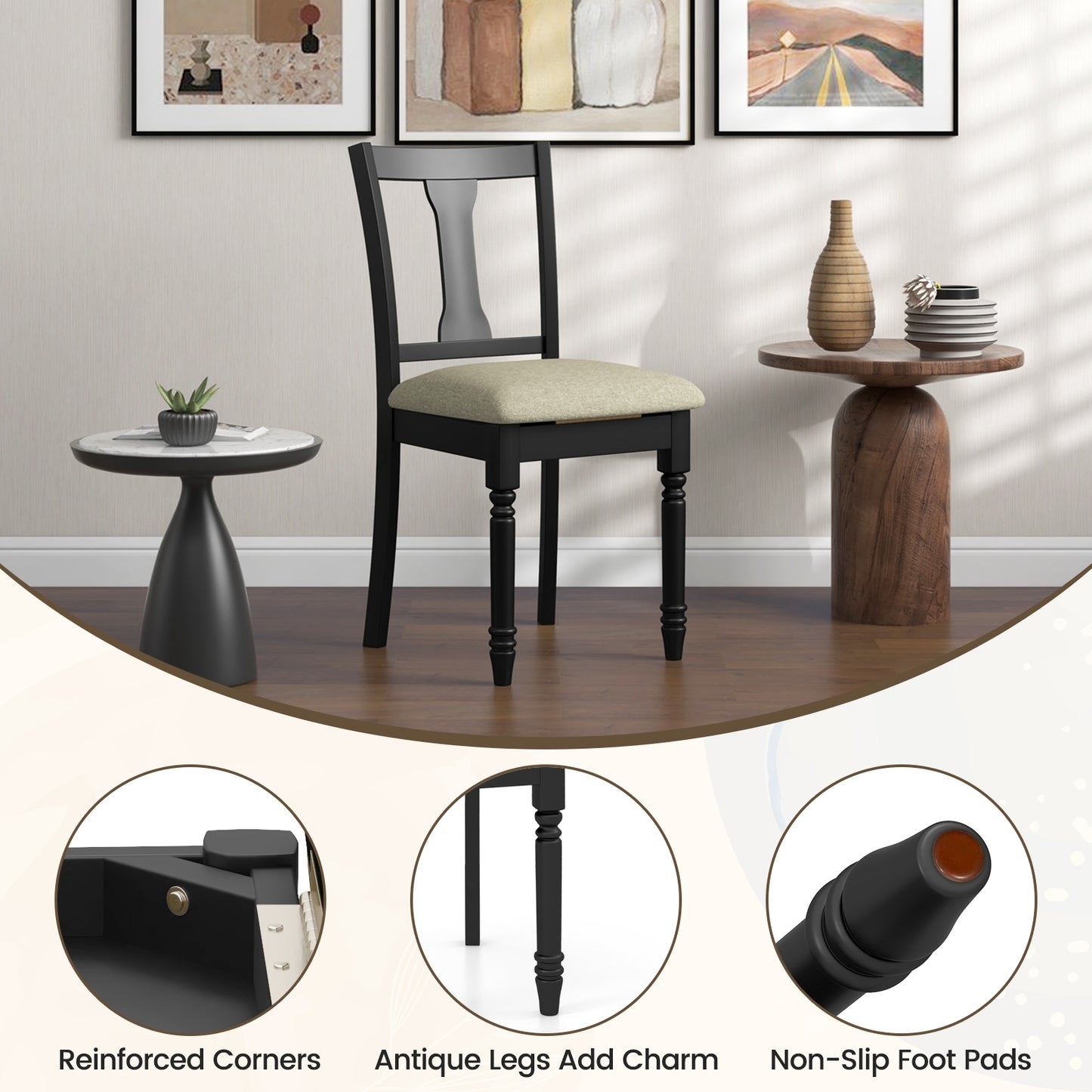 Linen Fabric Dining Chair with Hidden Storage and Comfortable Design - Black