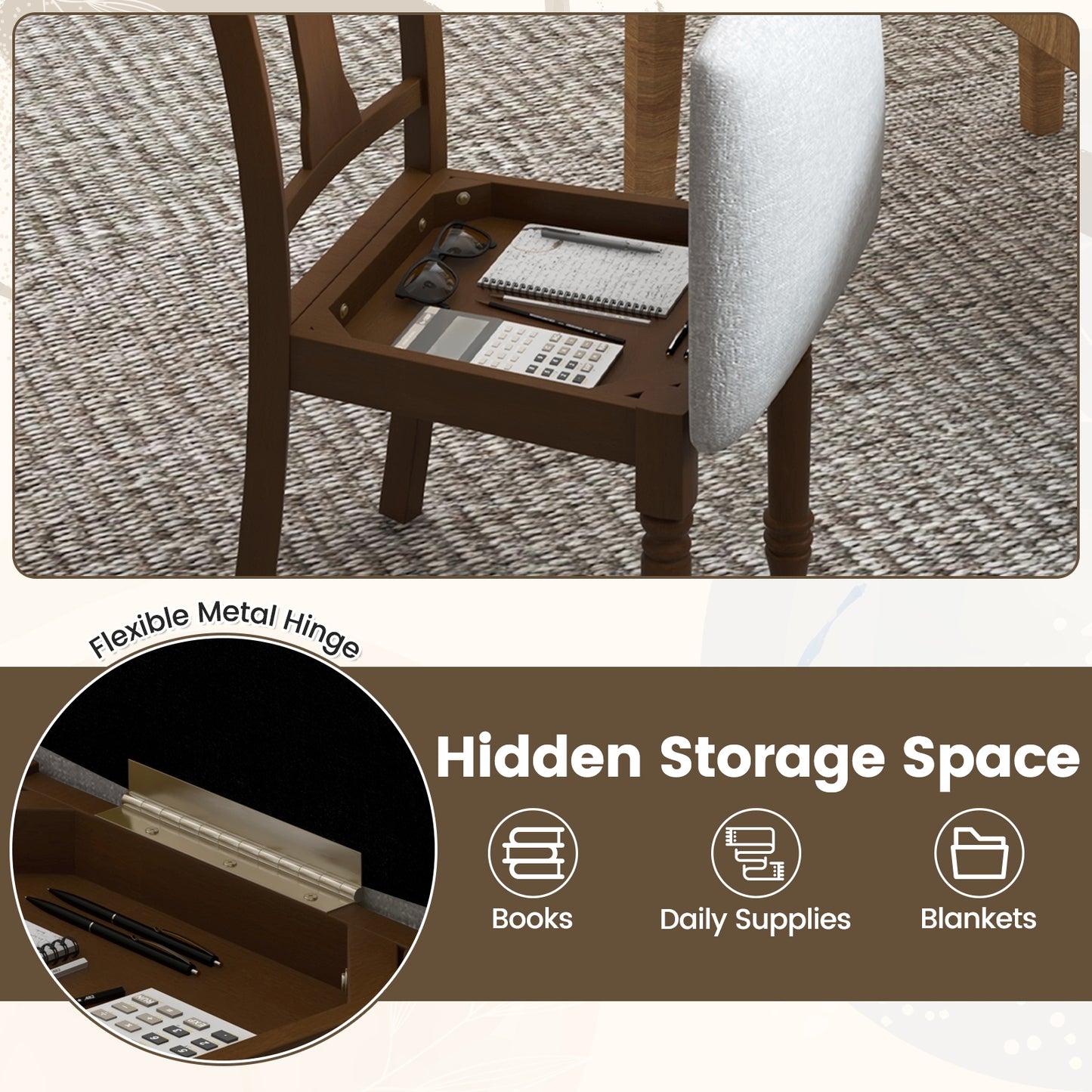Linen Fabric Dining Chair with Hidden Storage and Comfortable Design - Brown