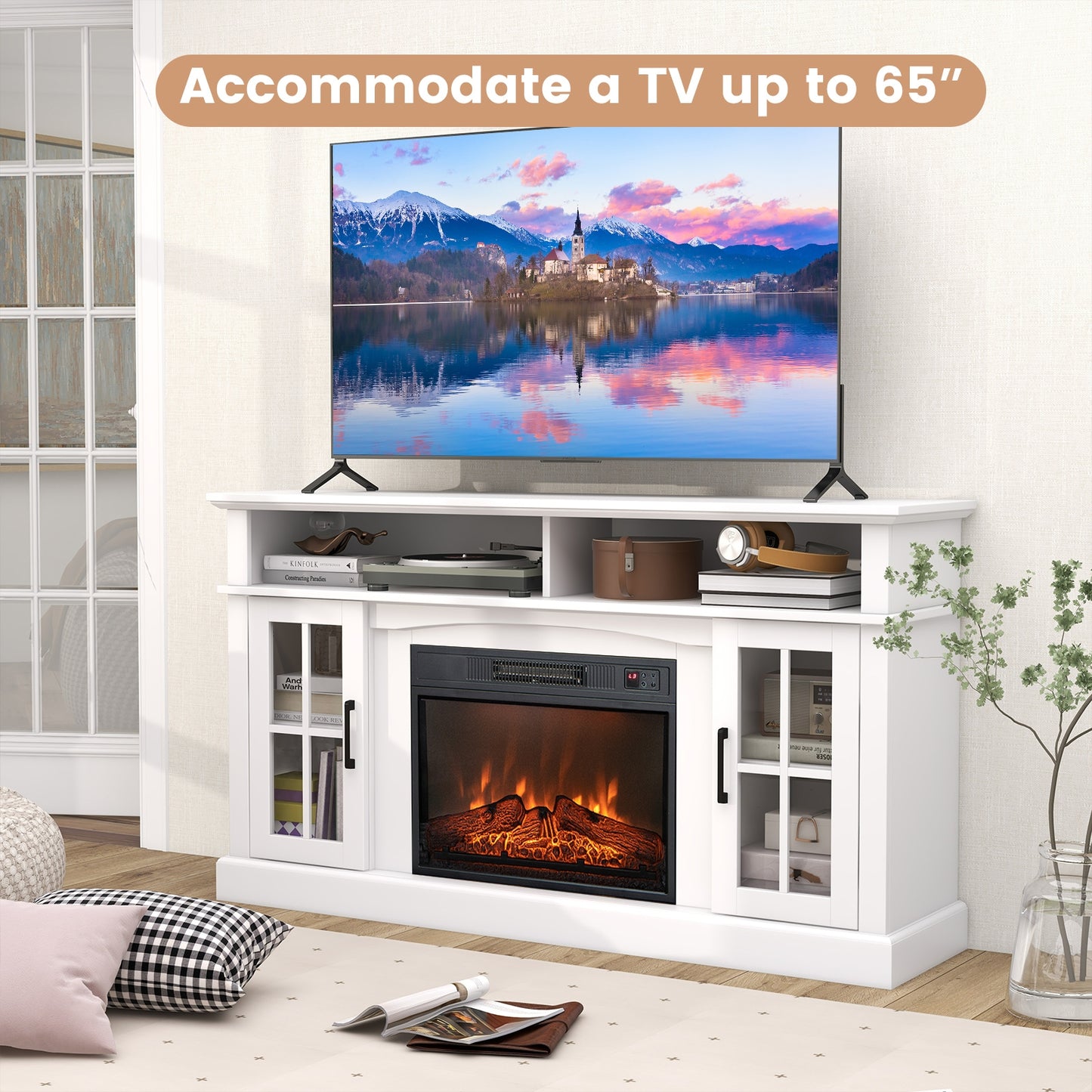 Entertainment Center with 1400W Electric Fireplace for TVs up to 65 Inches in White