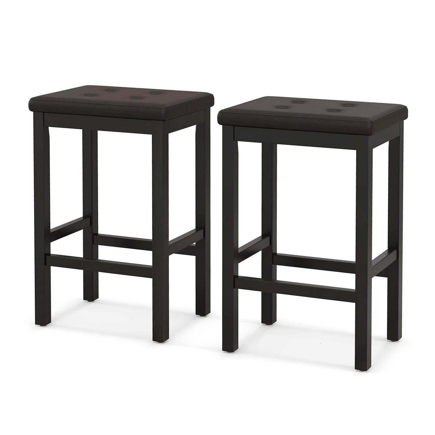 Set of 2 Counter Bar Chairs with Faux Leather Seat and Footrest, 24 Inch Brown Wood Frame